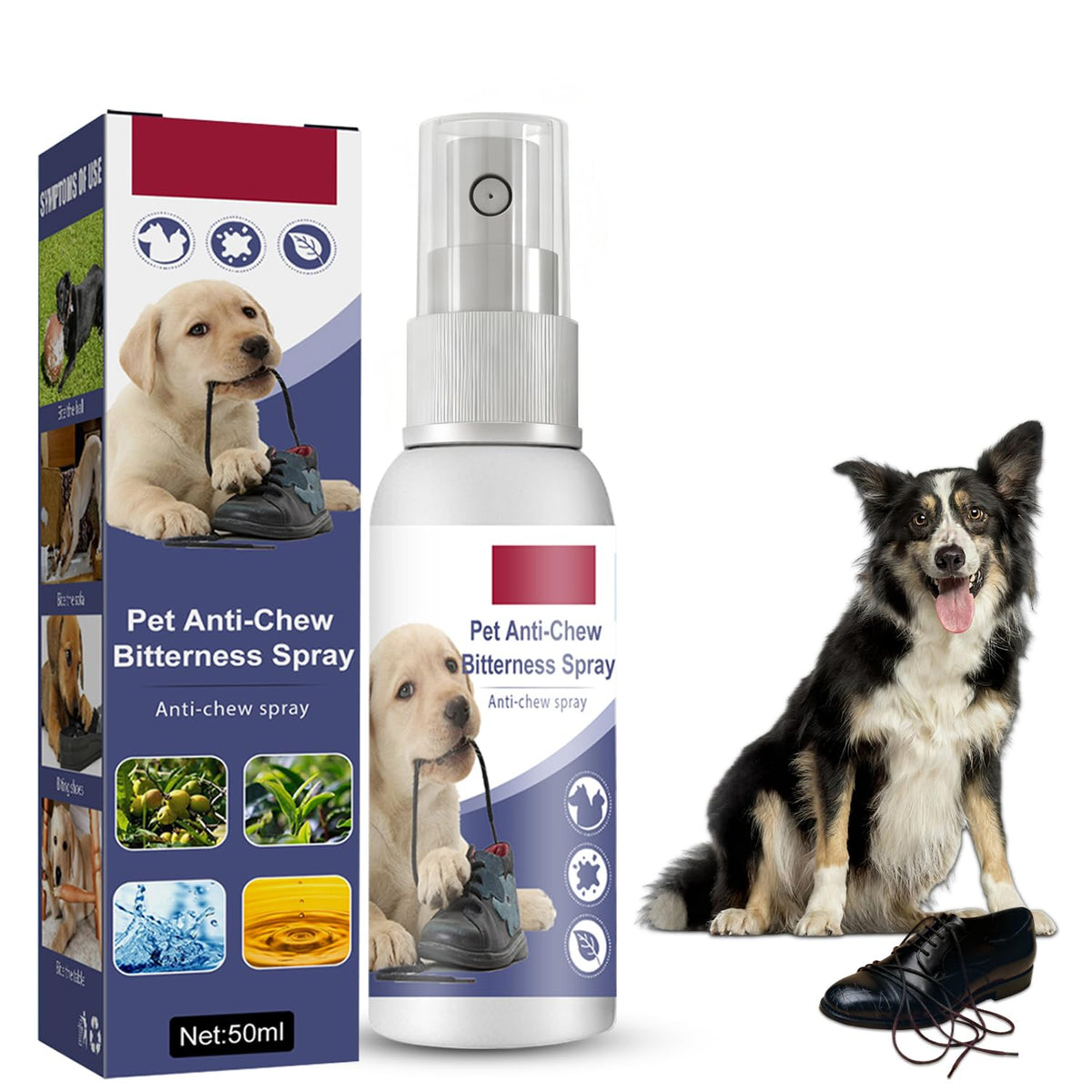 Nupec spray amargo para perros, frasco visible para disuadir mordisqueos.
