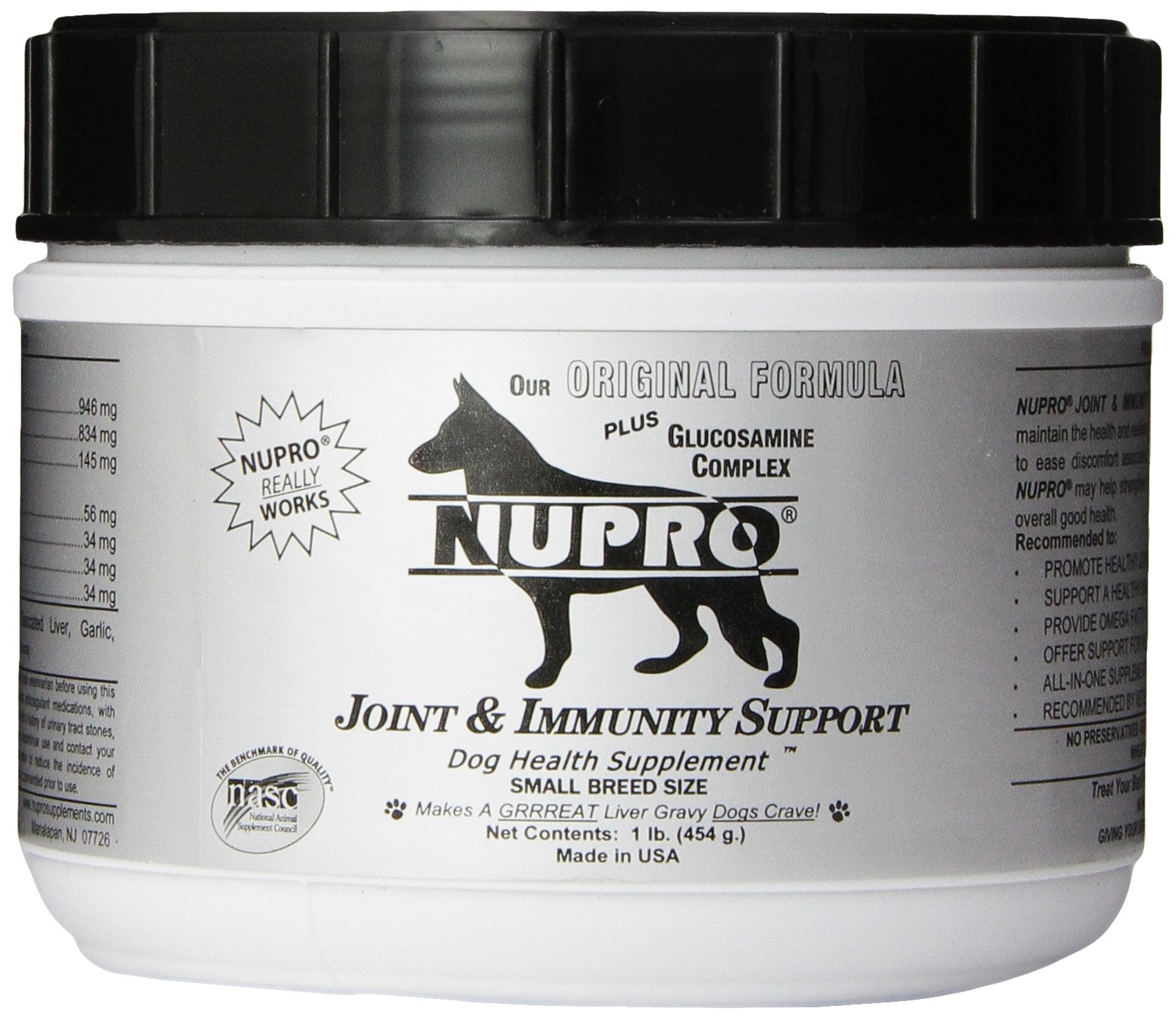 Nupro Articulación: botella de 1 lb para perros activos.