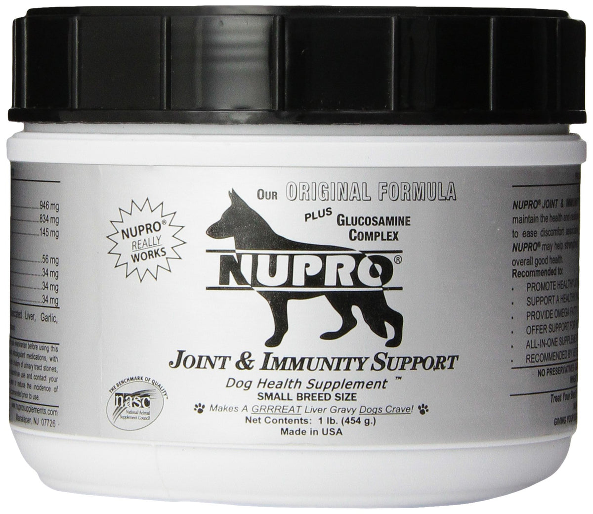 Nupro Articulación: botella de 1 lb para perros activos.