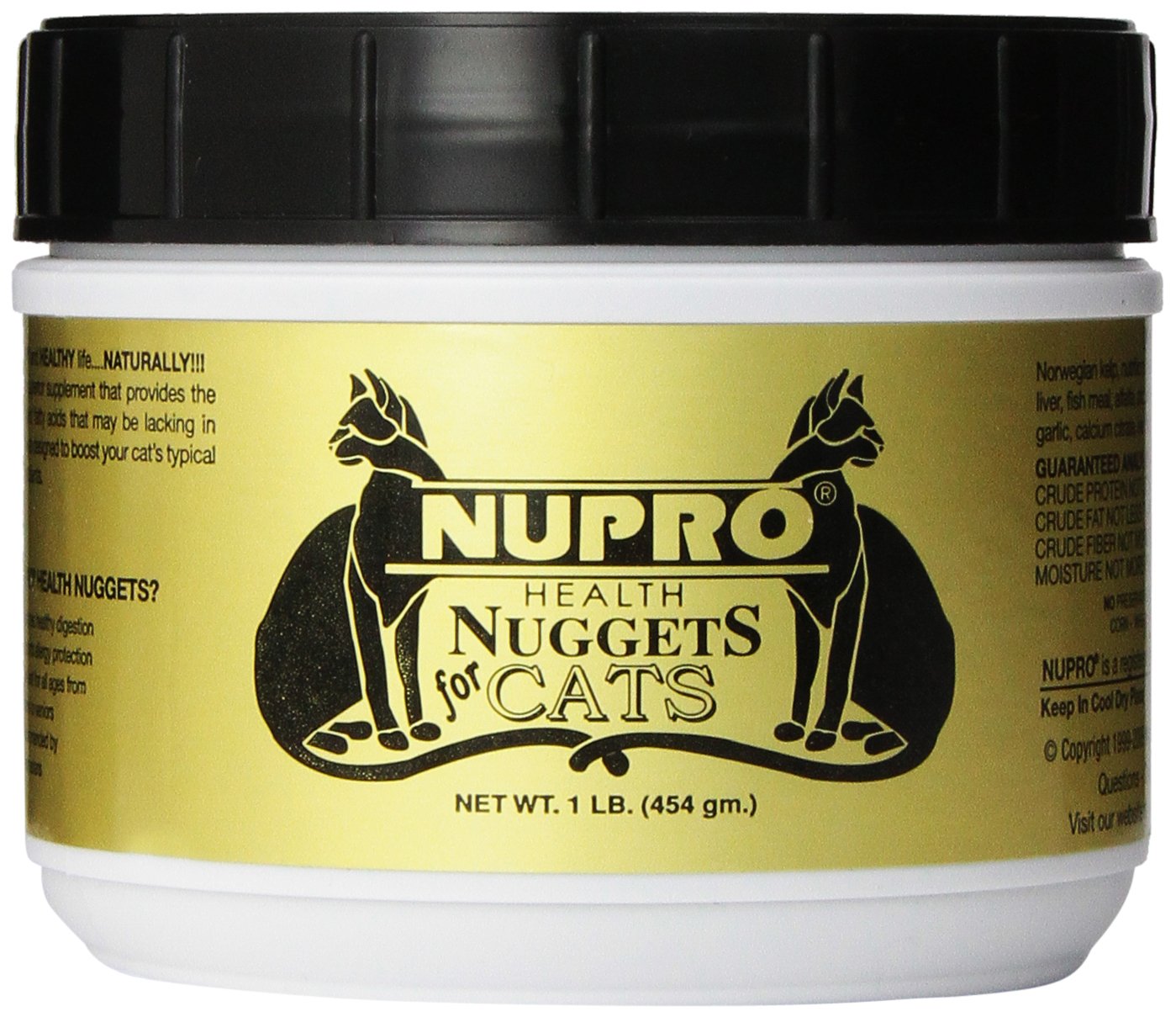 Nupro Health Nuggets para gatos en empaque jarra, práctico para guardar.