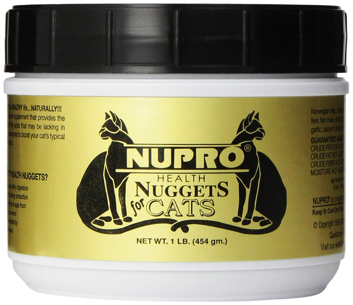 Nupro Health Nuggets para gatos en empaque jarra, práctico para guardar.