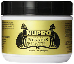 Nupro Health Nuggets para gatos en empaque jarra, práctico para guardar.