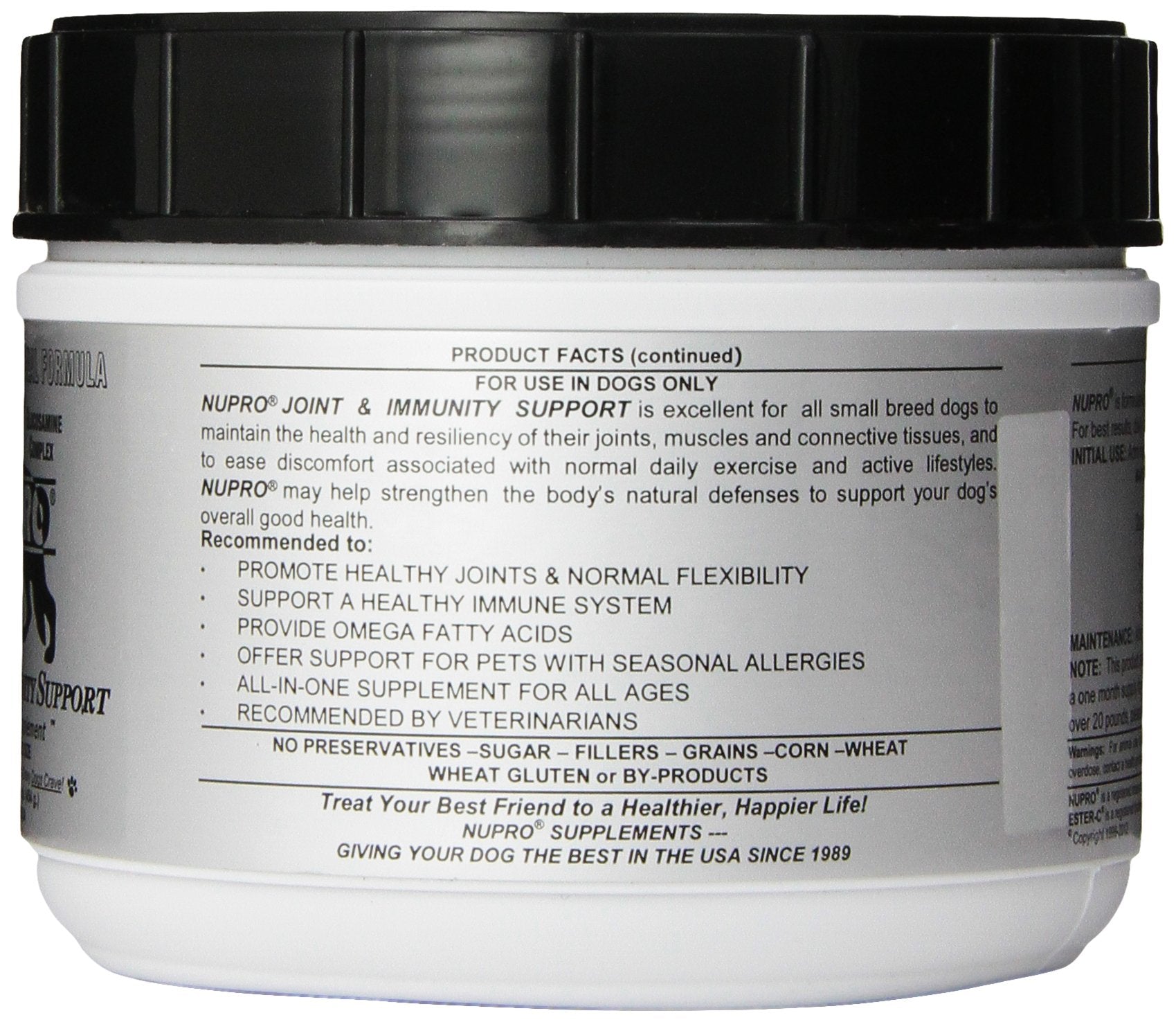 Nupro contiene glucosamina, MSM y Ester-C para articulaciones.