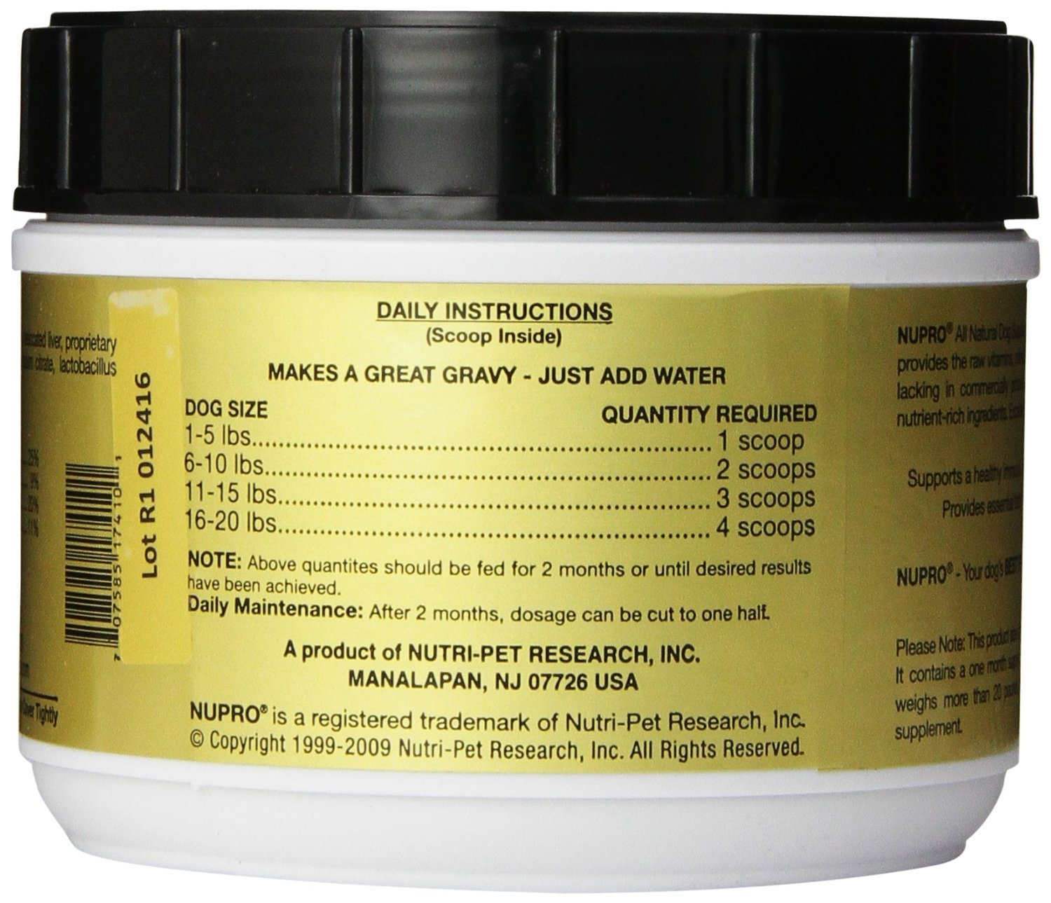 Nupro Nutri-Pet etiqueta frontal, información de la fórmula natural.
