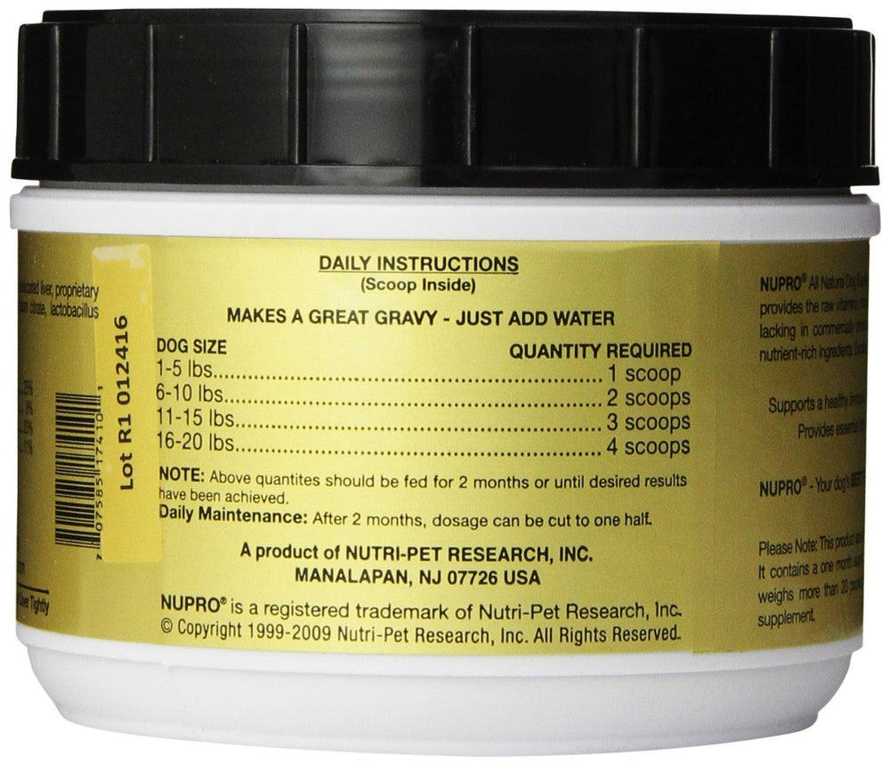 Nupro Nutri-Pet etiqueta frontal, información de la fórmula natural.