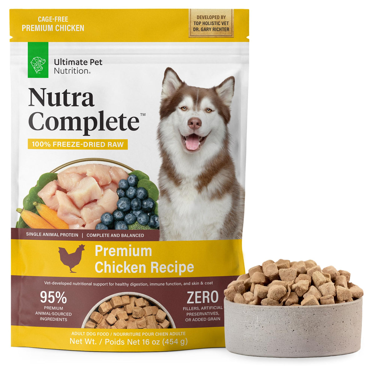 ULTIMATE PET NUTRITION Nutra Complete pollo crudo liofilizado, proteína fácilmente digerible para perros.