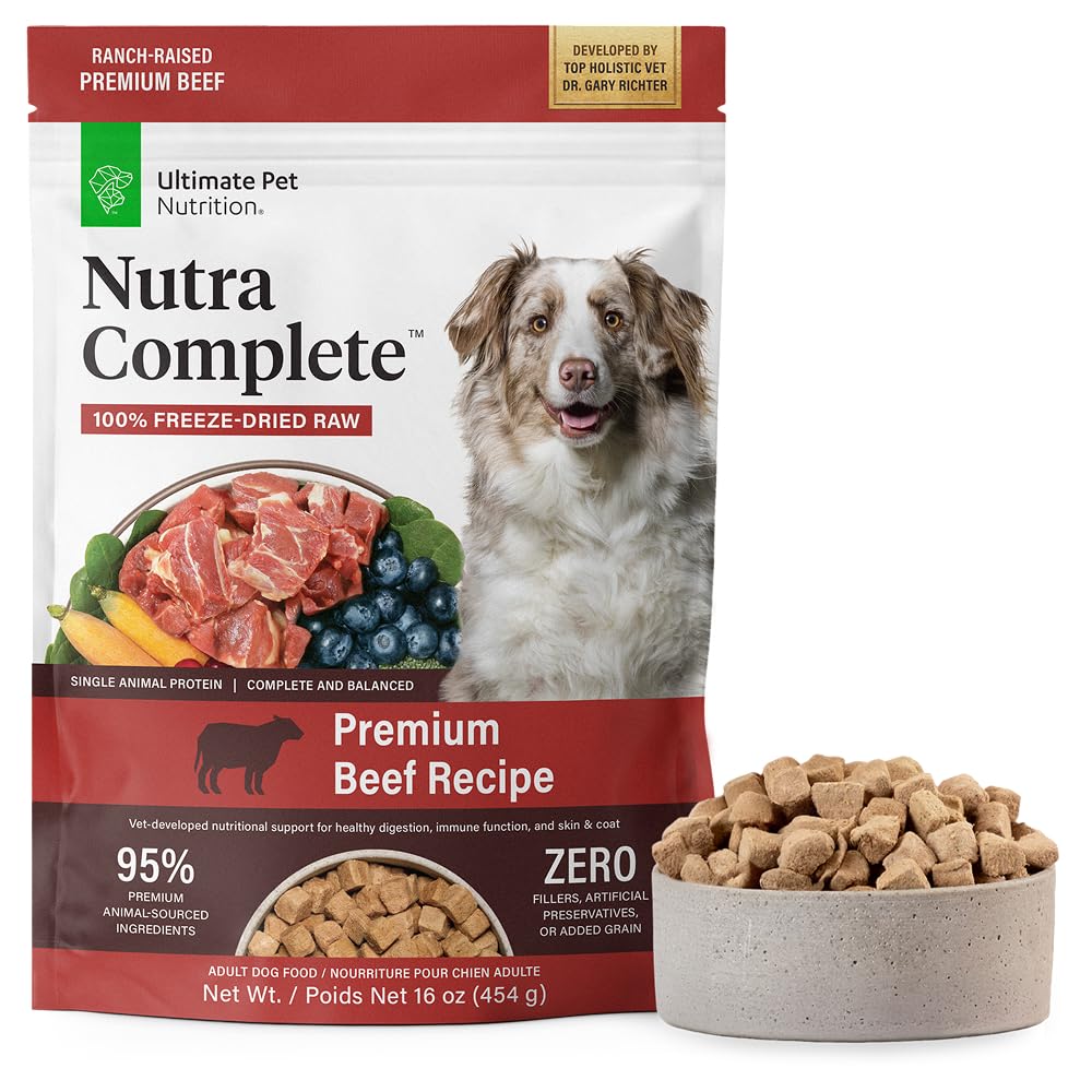 Nutra Complete de ULTIMATE PET NUTRITION: bocaditos de res liofilizados para proteína fácilmente digerible.