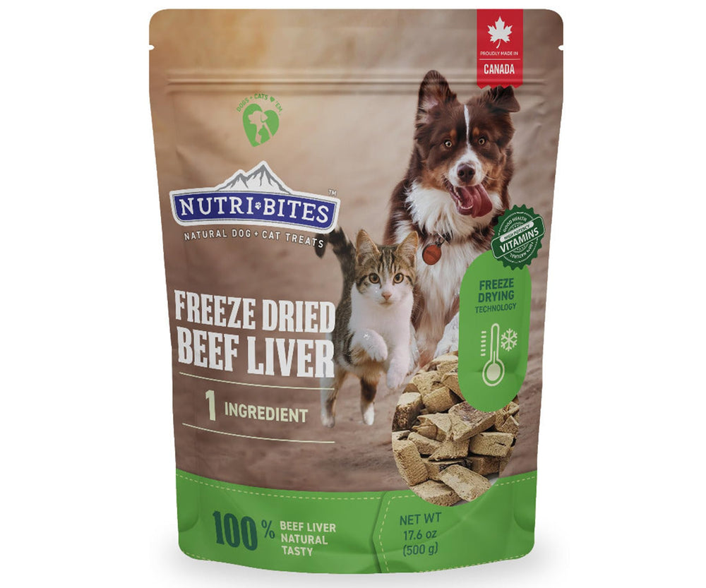 Nutri Bites, empaque reutilizable, bocaditos de hígado de res seco para perros y gatos.