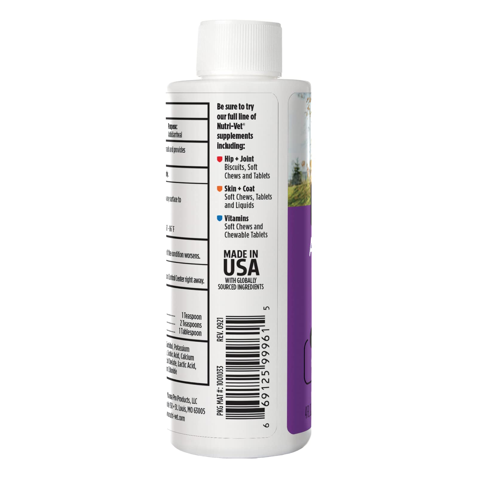 Nutri-Vet Anti-Diarrhea Liquid envase práctico para viaje y casa.