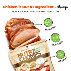 NutriChomps sabor pollo real, tentador para perros exigentes.