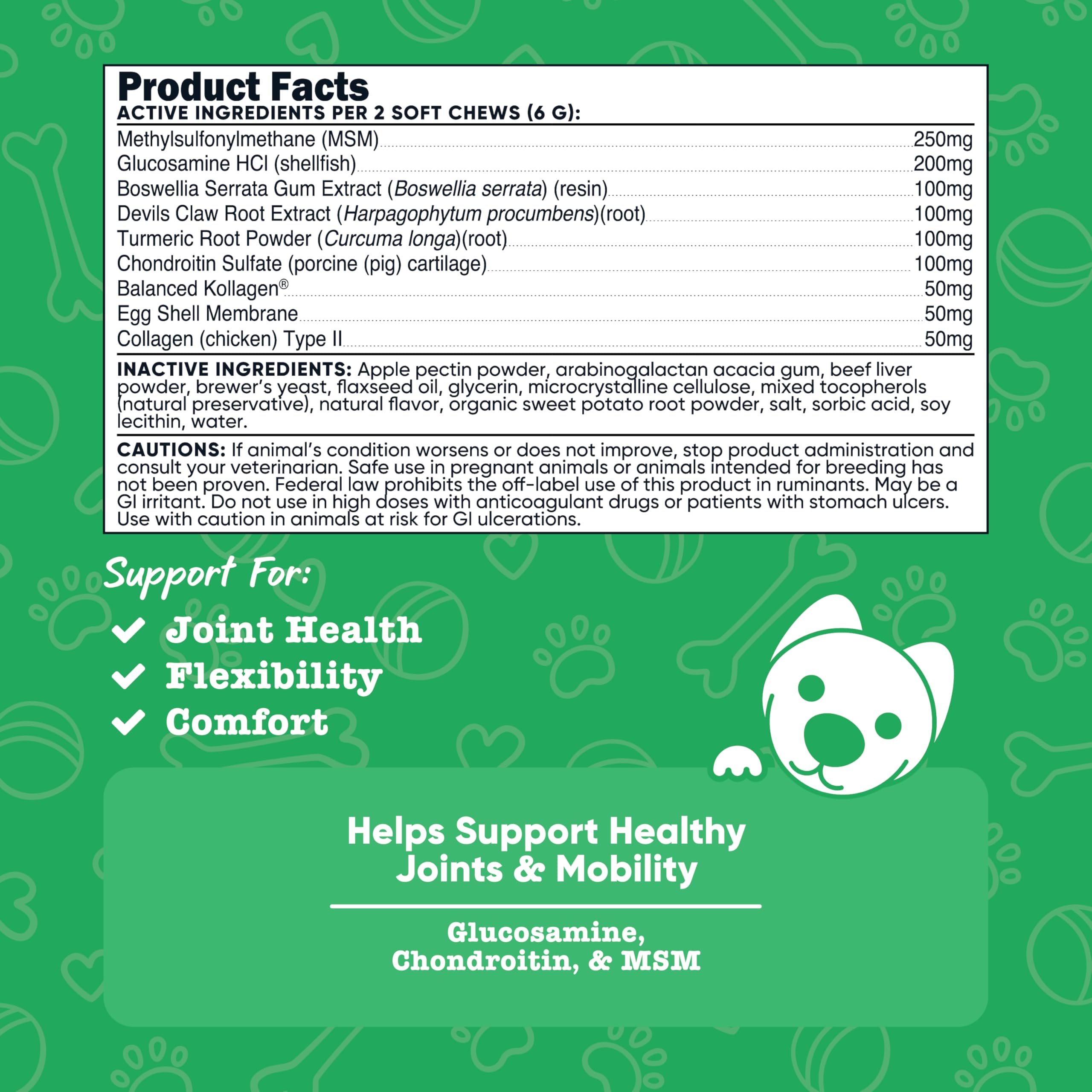 Masticables suaves con sabor a carne, útil para perros que requieren apoyo articular.
