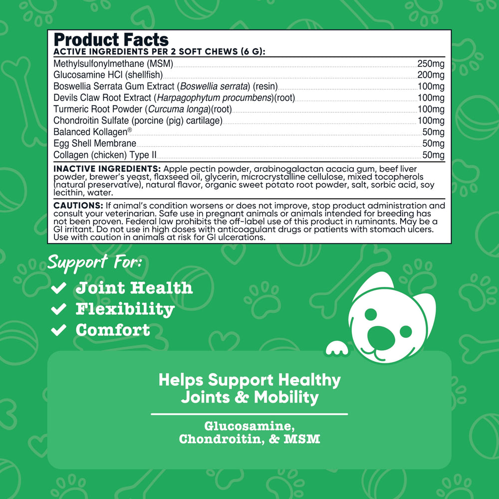 Masticables suaves con sabor a carne, útil para perros que requieren apoyo articular.