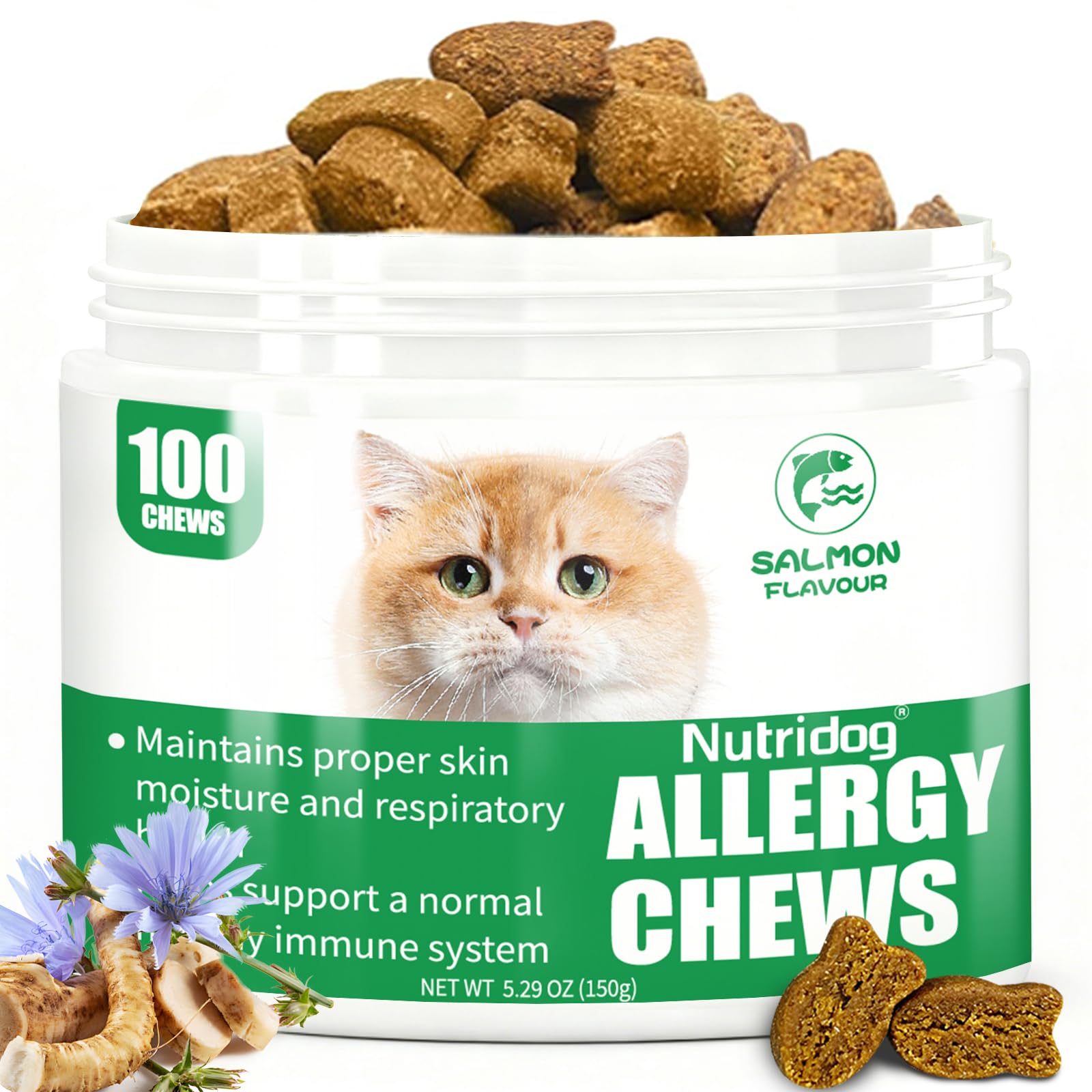 NutriDog gomitas salmón para gatos, alivio de alergias y sabor atractivo.