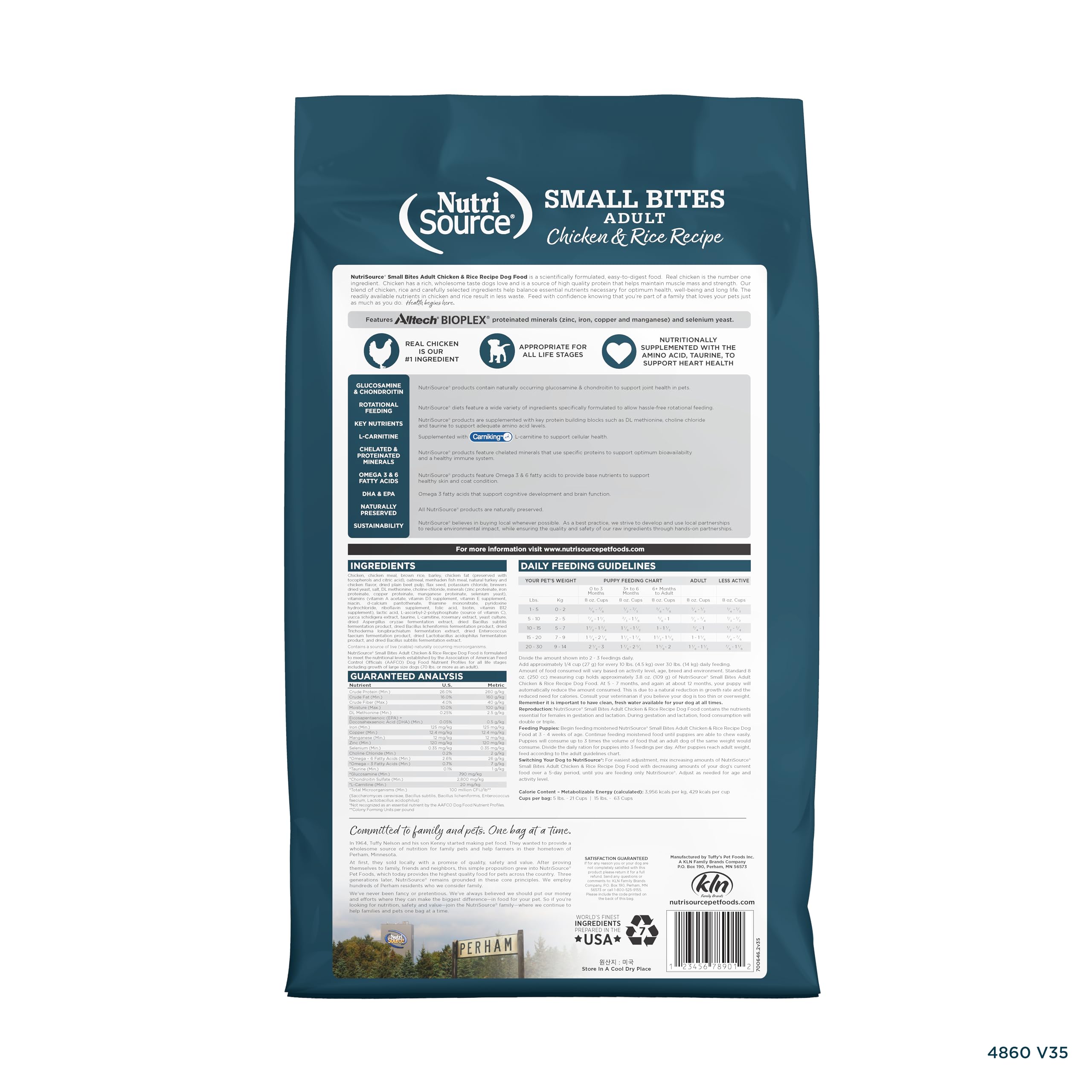 Bolsa NutriSource de 4 lb mostrando croquetas balanceadas para perros adultos