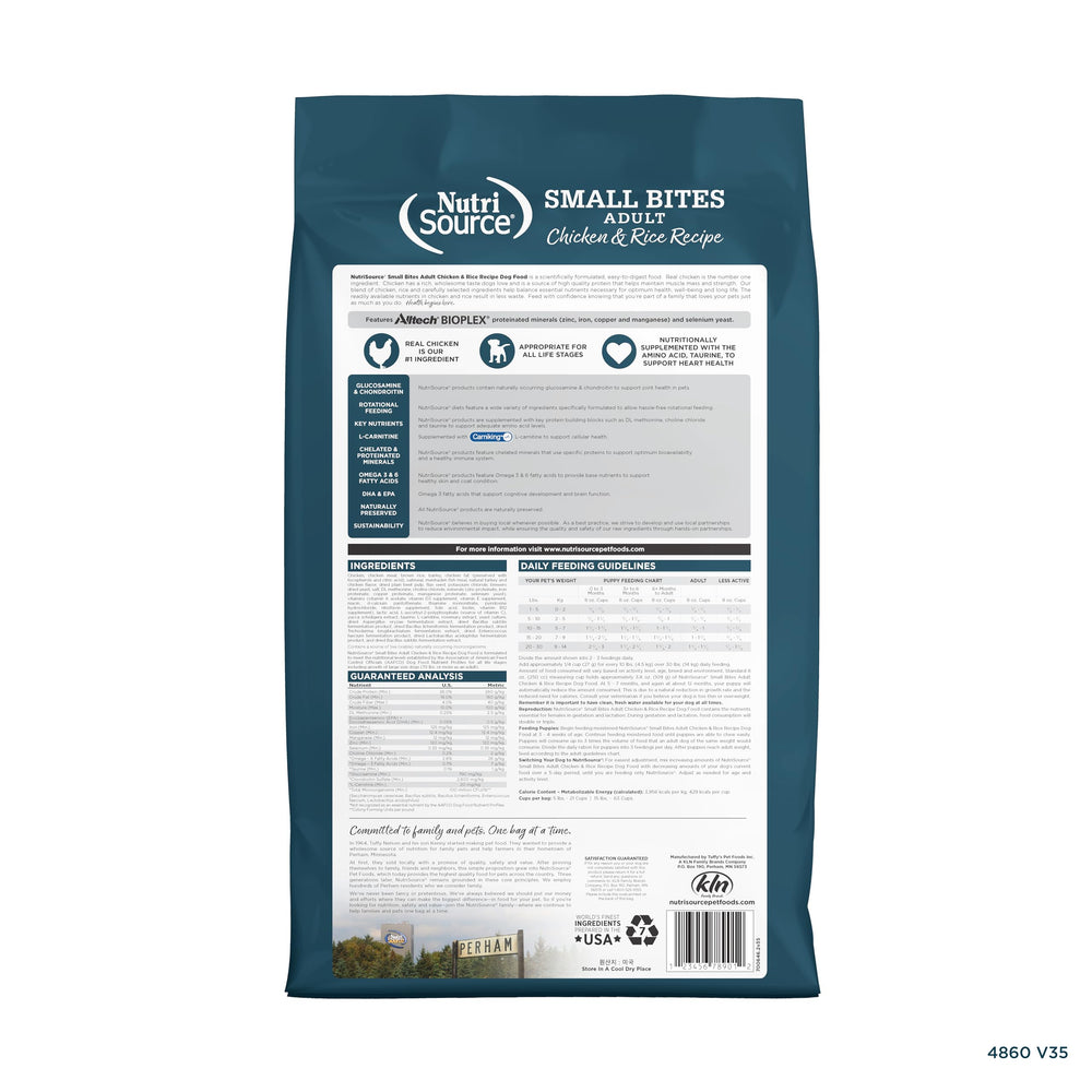 Bolsa NutriSource de 4 lb mostrando croquetas balanceadas para perros adultos