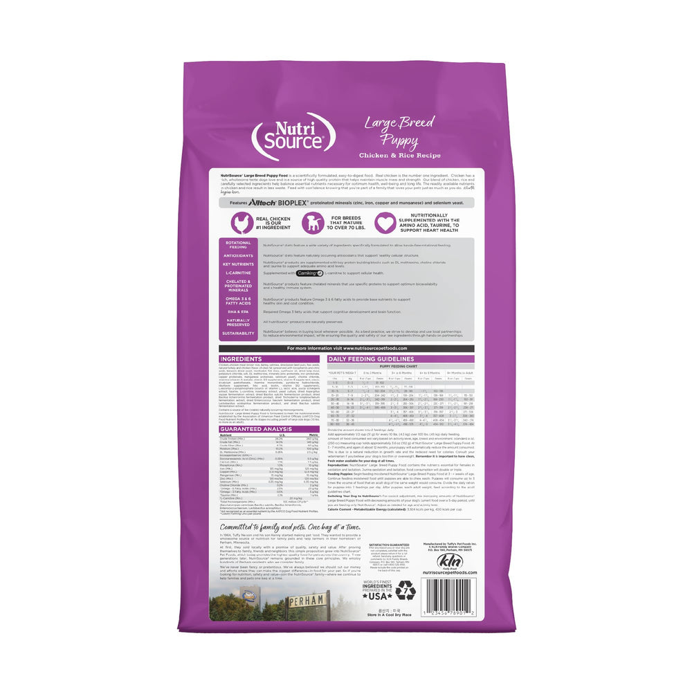NutriSource croquetas para cachorros grandes con pollo y arroz, sabor agradable y digestión suave.