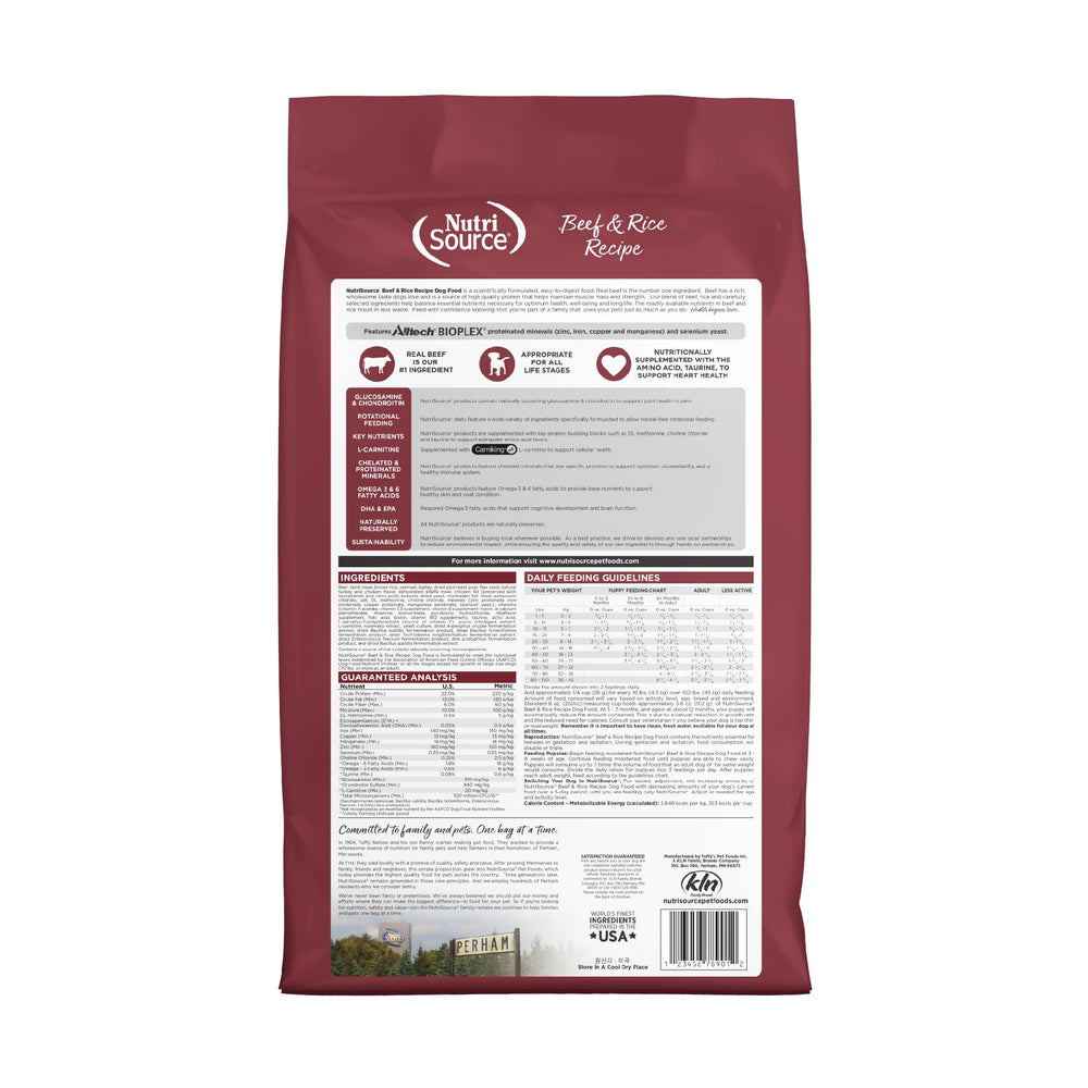 NutriSource Carne y Arroz 12 lb, ingredientes clave visibles para una nutrición equilibrada.