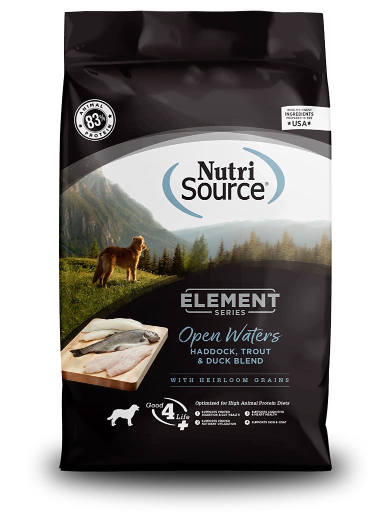 NutriSource Element Aguas Abiertas: bolsa de 12 libras con haddock, trucha y pato para variedad proteica.