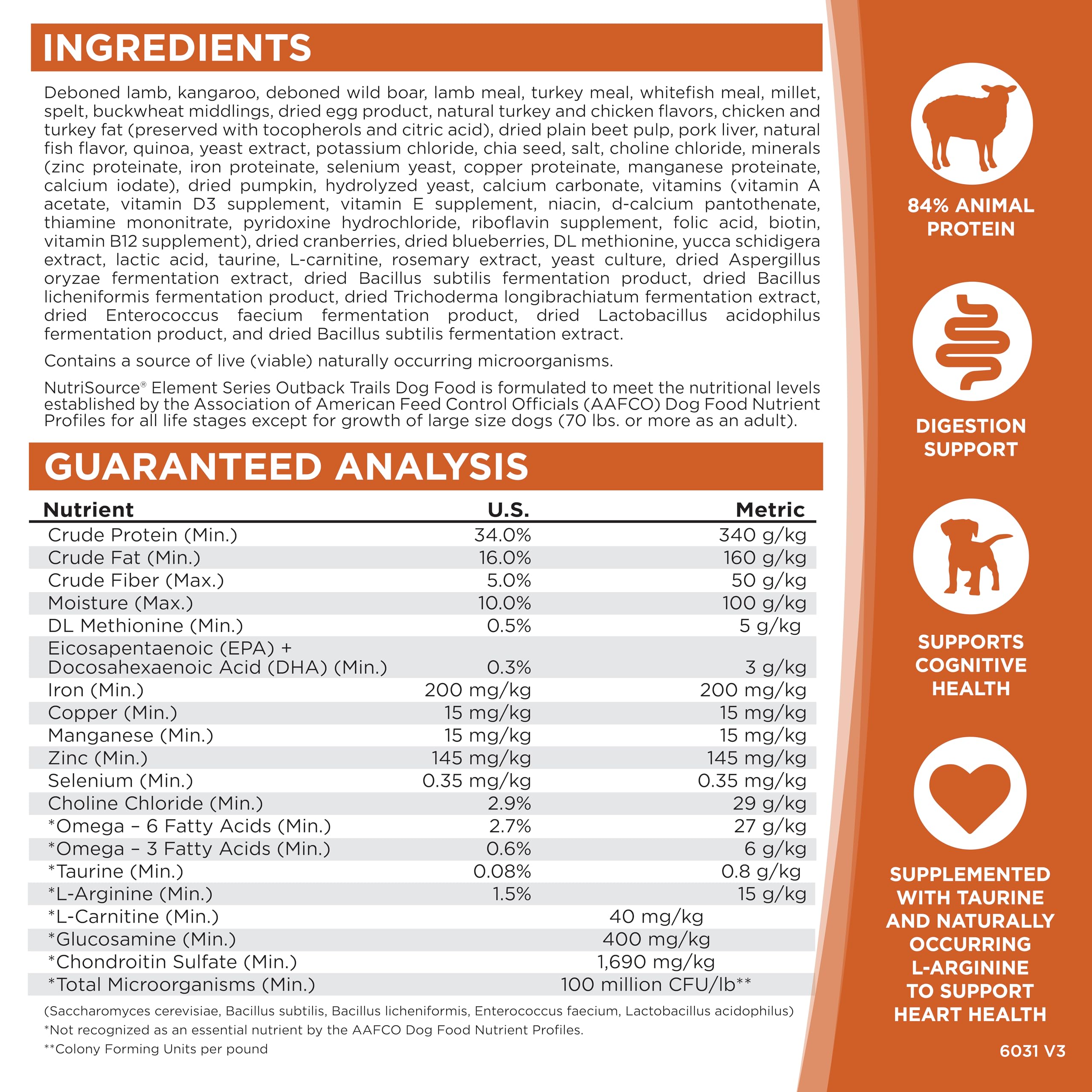 NutriSource Element Series Outback Trails con Omega-3 y Omega-6 para pelaje saludable.