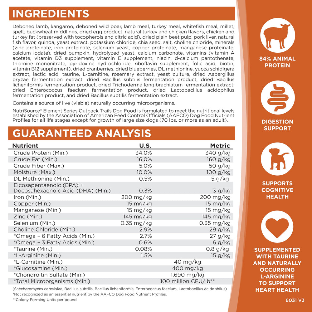NutriSource Element Series Outback Trails con Omega-3 y Omega-6 para pelaje saludable.