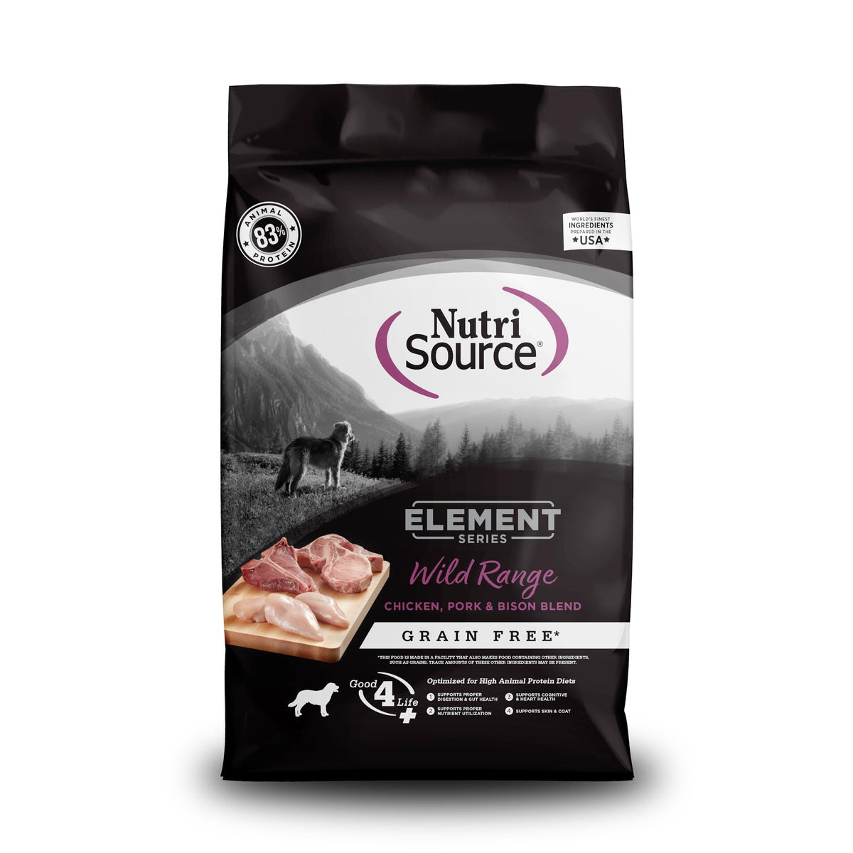 NutriSource Element Series Wild Range, saco de comida seca, favorece proteína alta para perros activos.