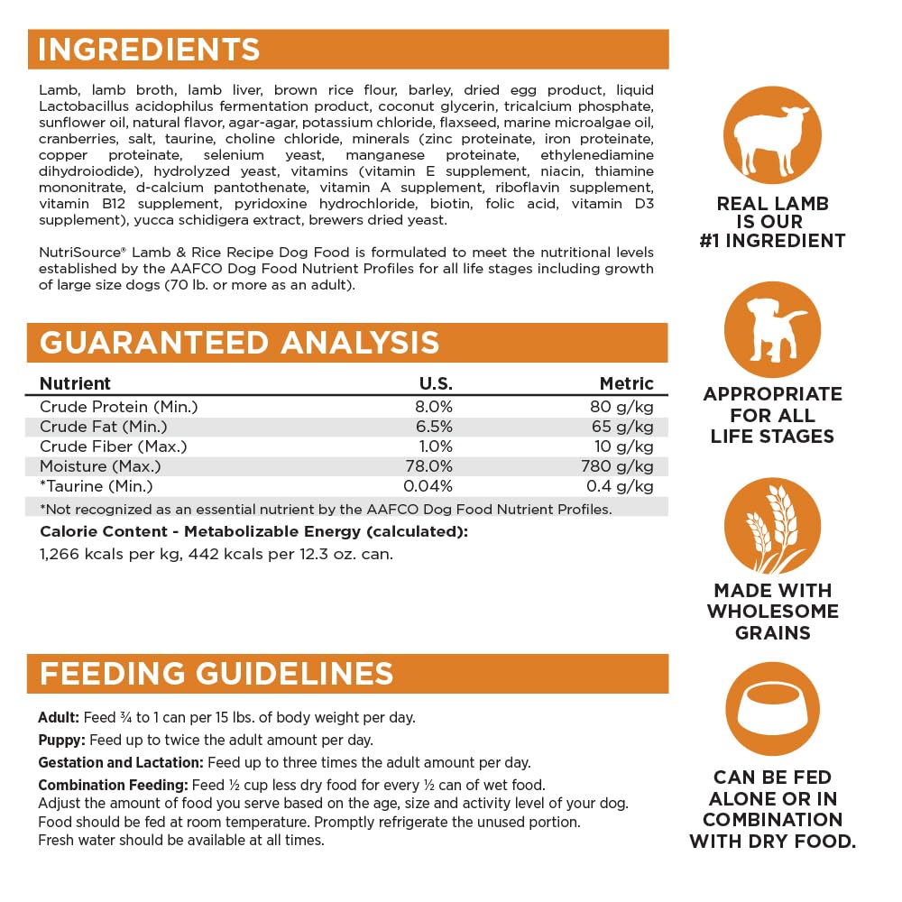 Envase de NutriSource con 12 conservas para perros.