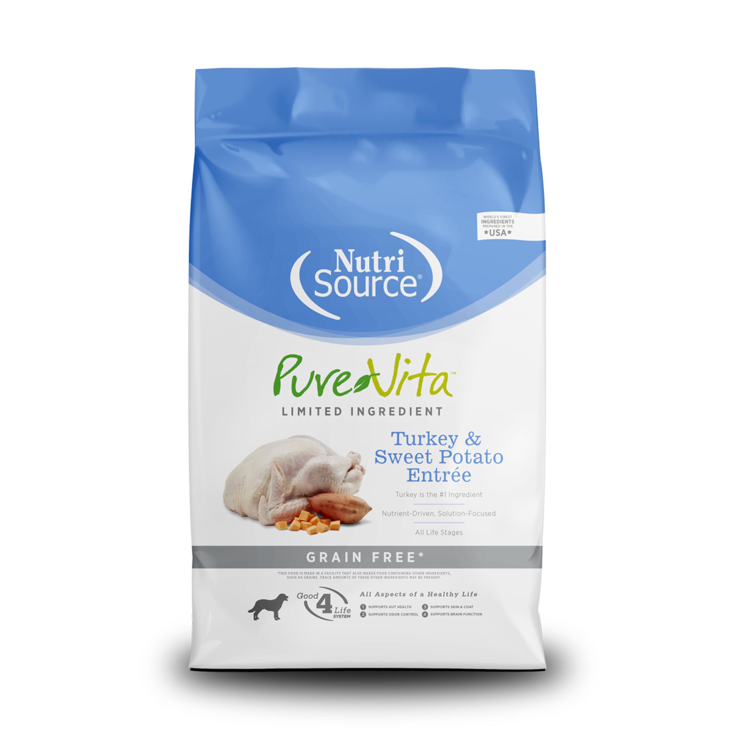 NutriSource Pure Vita pavo y batata, bolsa de 12 lb con croquetas para perros.