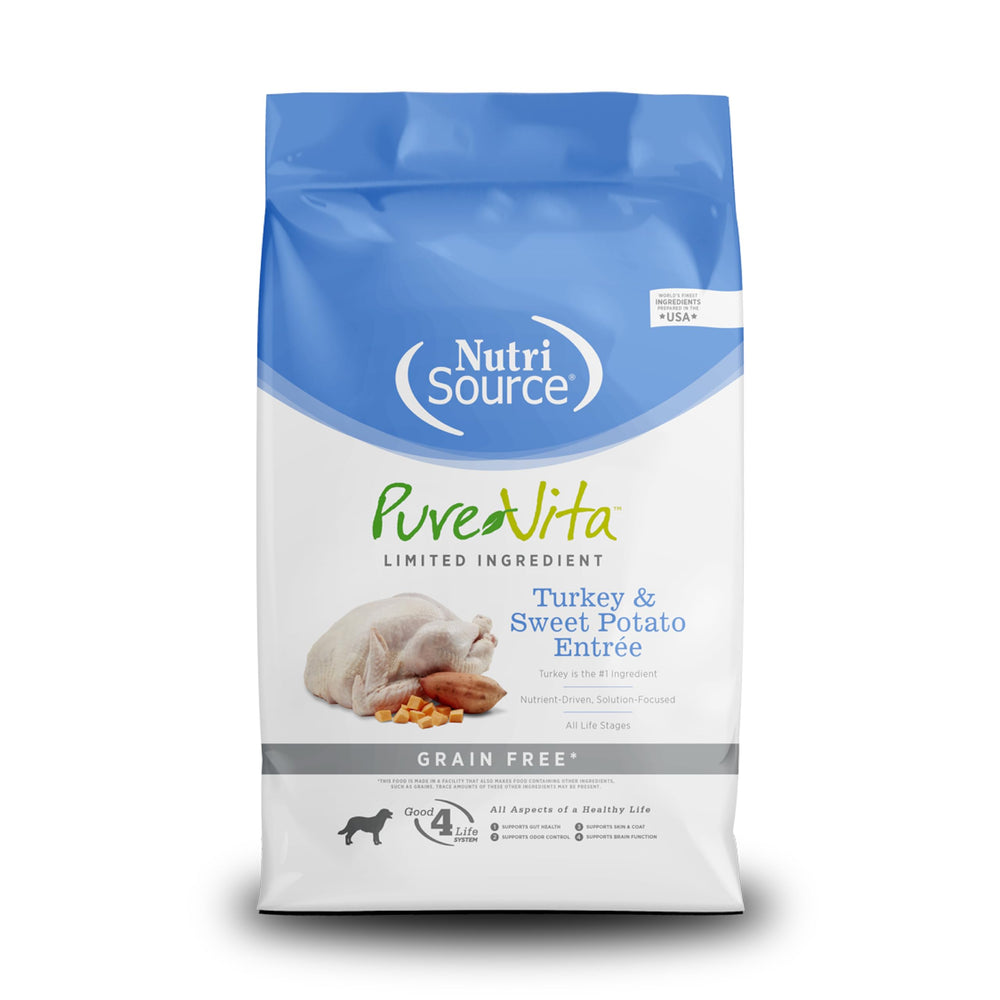 NutriSource Pure Vita pavo y batata, bolsa de 12 lb con croquetas para perros.