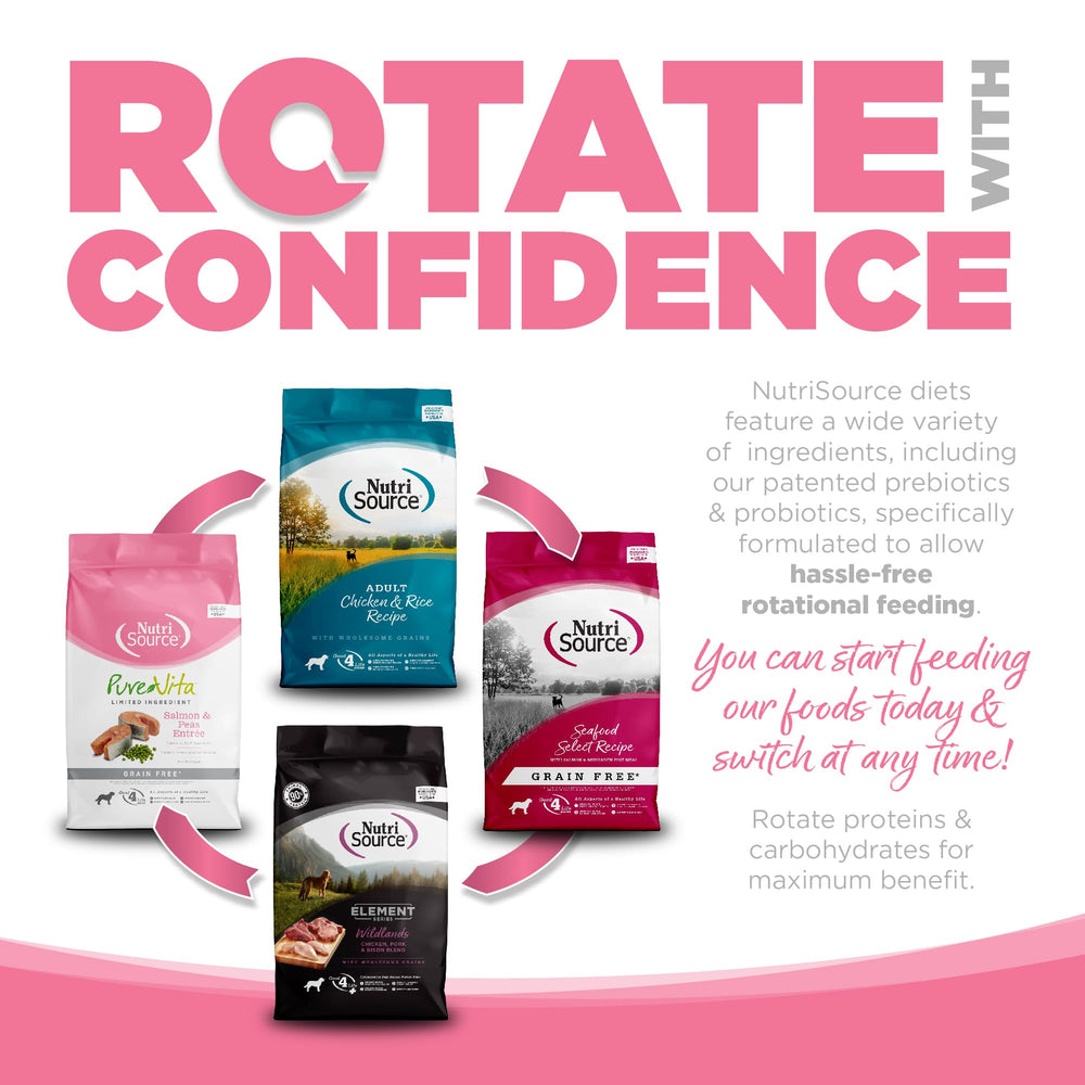 NutriSource Pure Vita rotación de proteínas para mantener interés durante la alimentación.