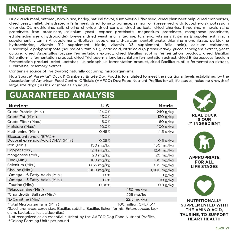 NutriSource Pure Vita pato-arandano bio-mos: soporte digestivo
