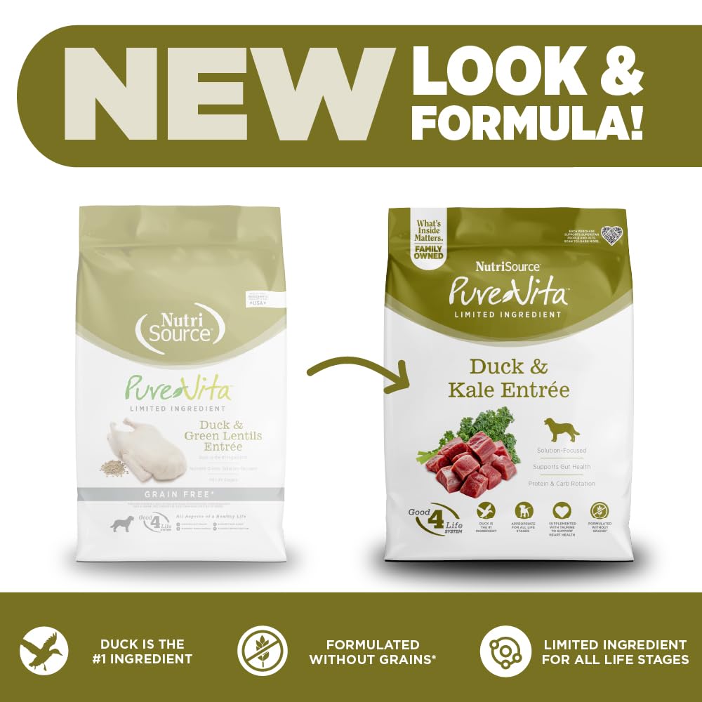 NutriSource Pure Vita pato kale kibble textura crujiente para perros activos.