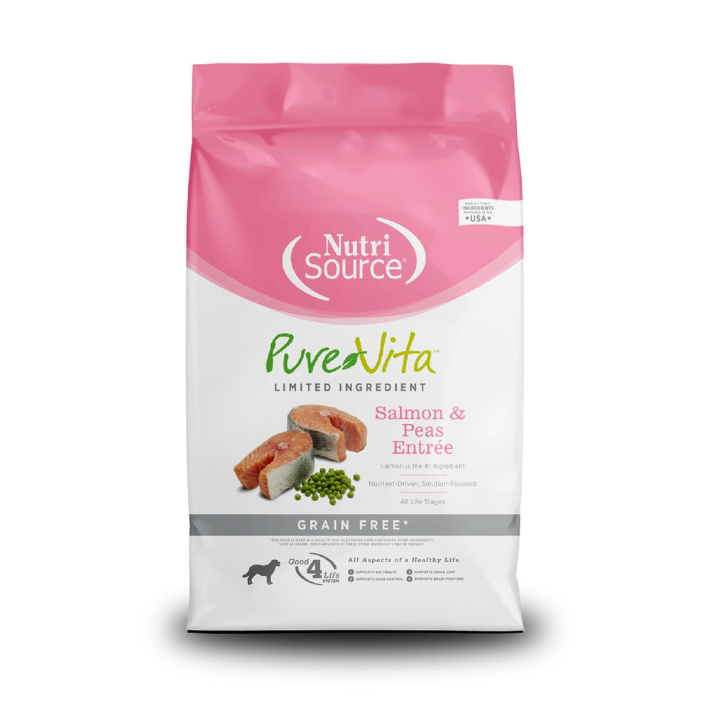 NutriSource Pure Vita Salmon y Guisantes, bolsa 12lb para una nutrición equilibrada.