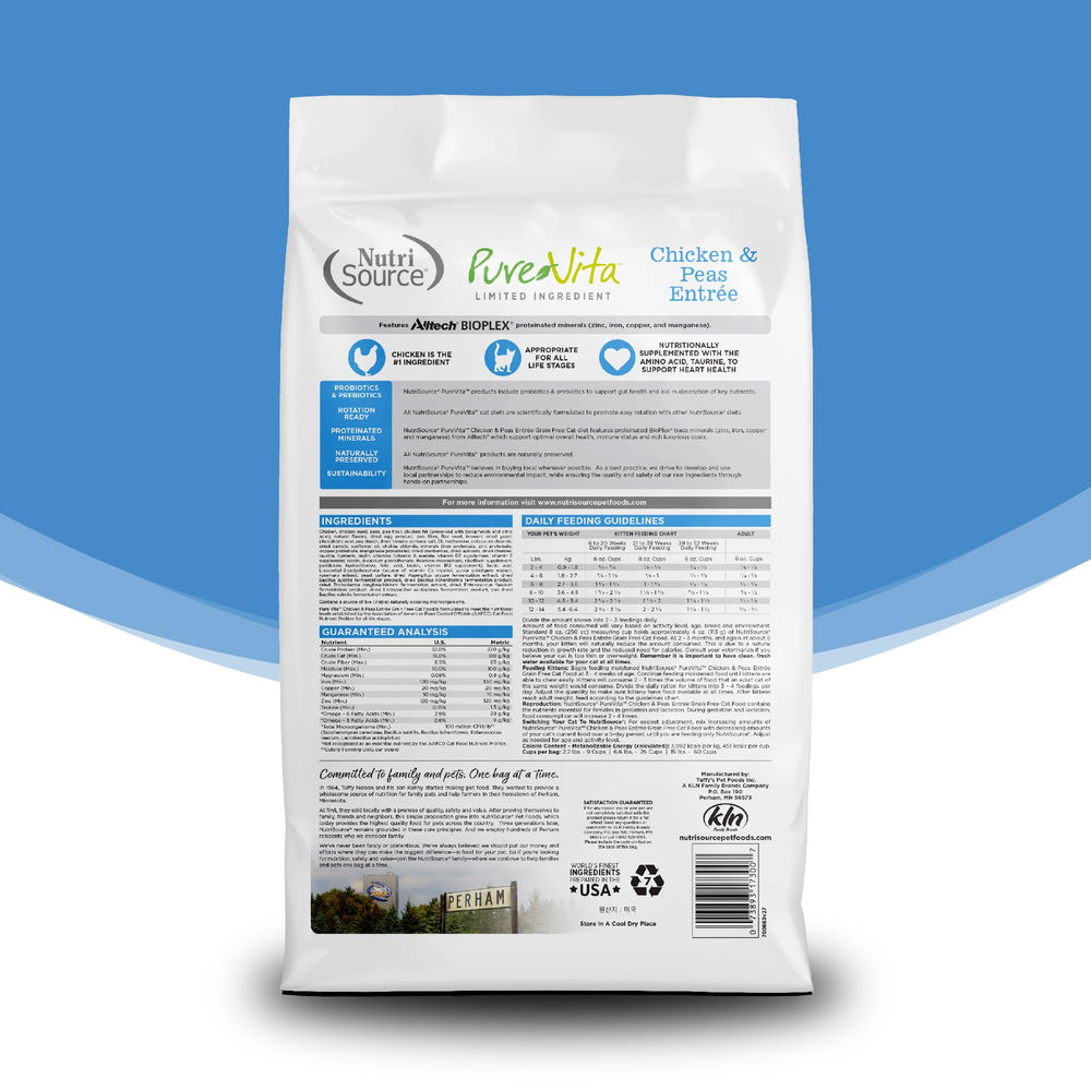 NutriSource Pure Vita croquetas de pollo y guisantes, textura apetitosa para comer diario.