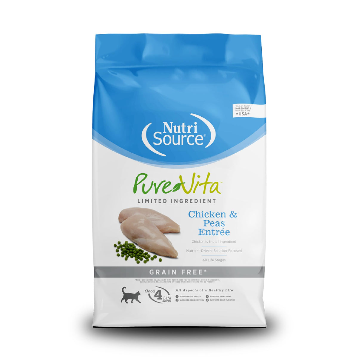 NutriSource Pure Vita sin cereales para gato con pollo y guisantes, presentación atractiva.