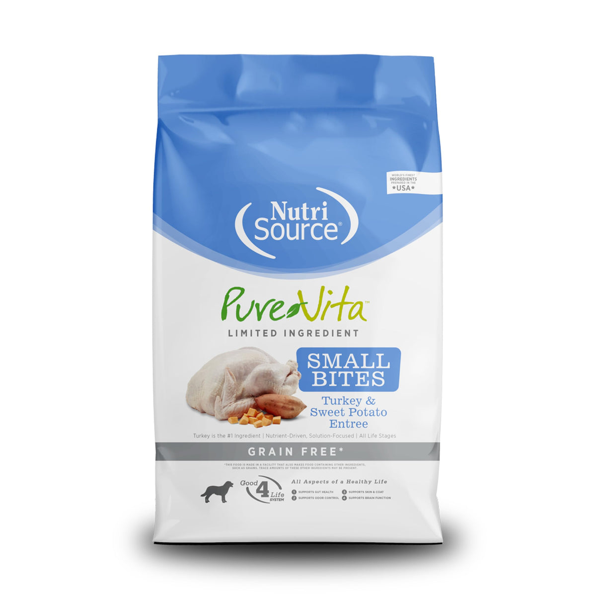 NutriSource Pure Vita sin granos con pavo y batata dulce, bolsa de 12 libras.