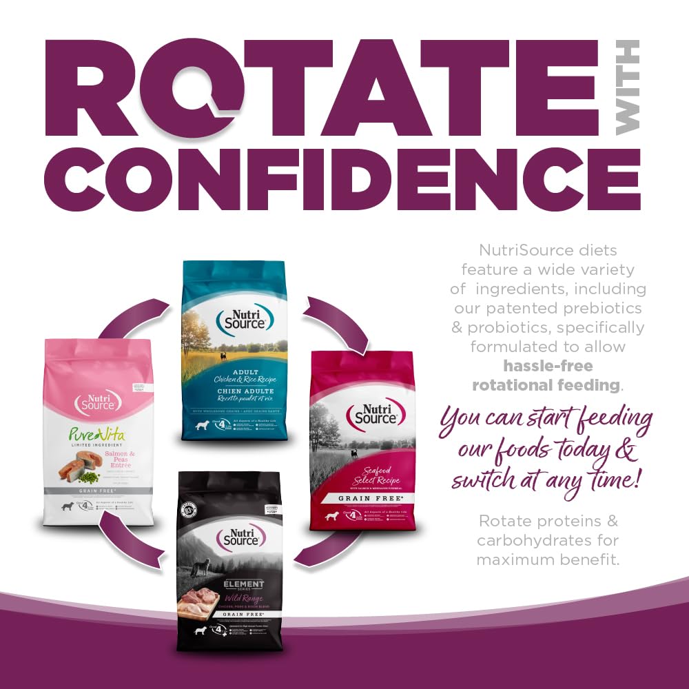 NutriSource Pure Vita croquetas con Omega-3 y Omega-6 para soporte cerebral y cardíaco.