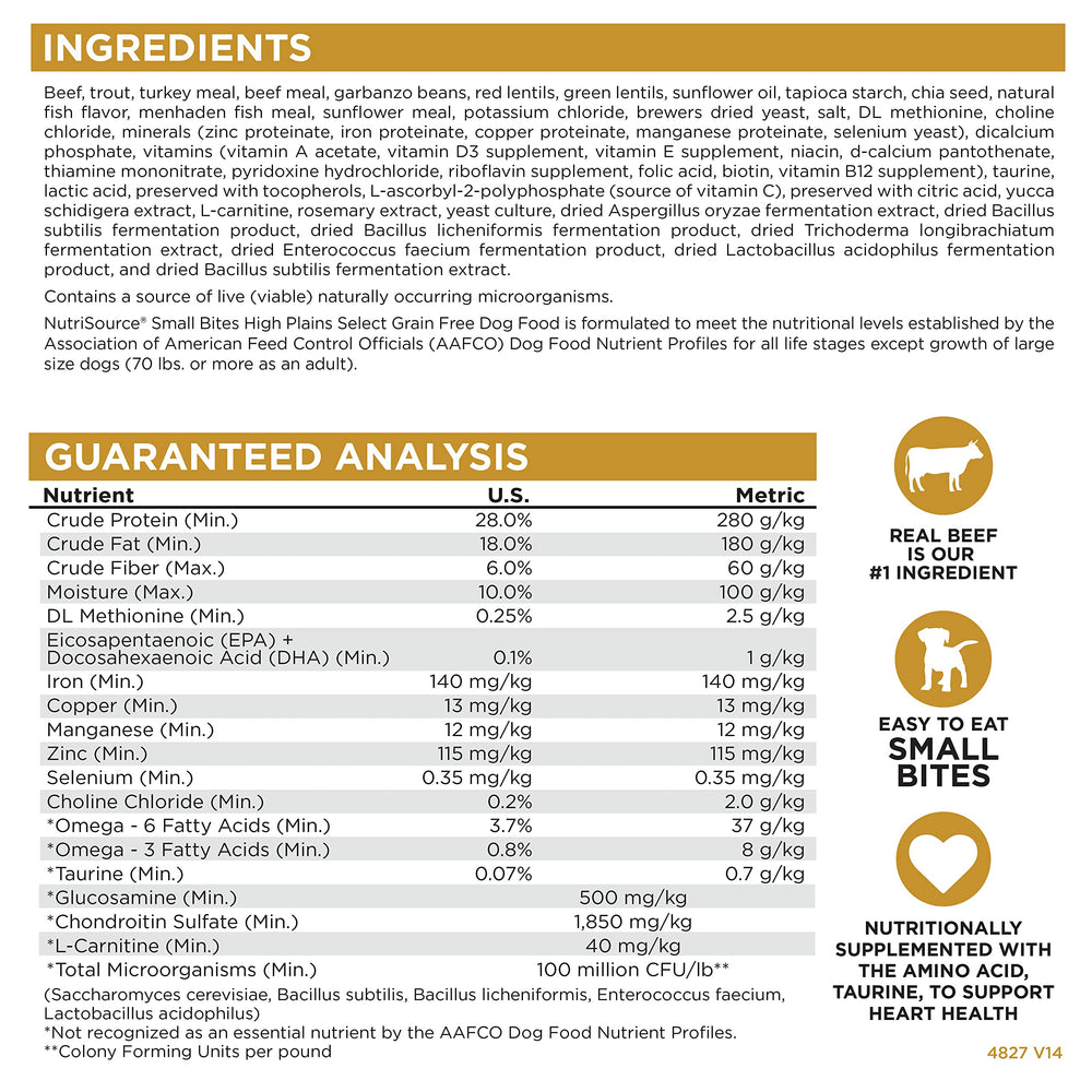 NutriSource sin granos trozos pequeños en tazón, listo para la comida diaria.