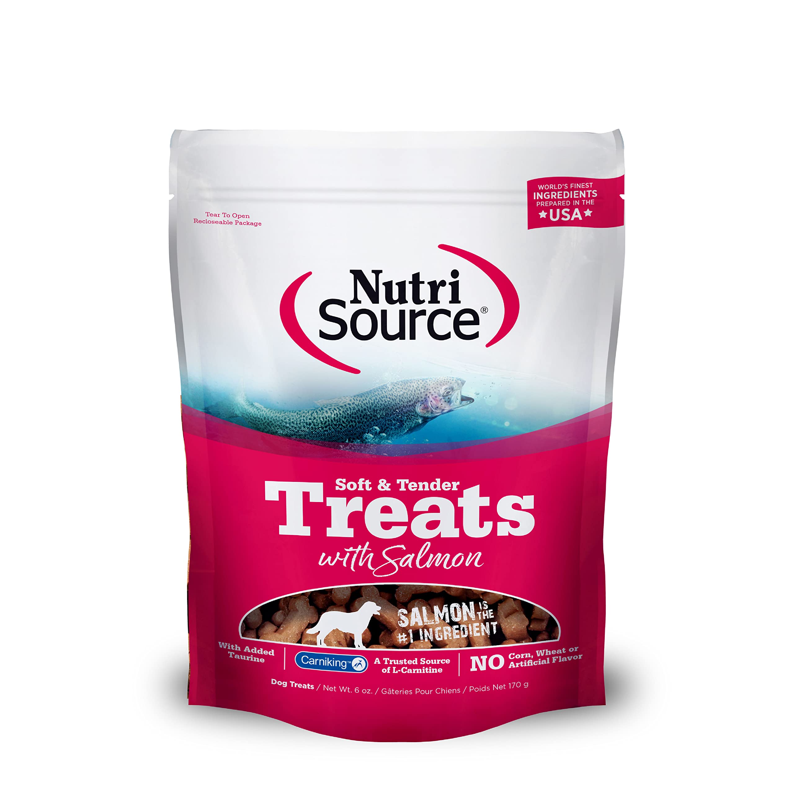 NutriSource golosinas suaves de salmón en paquete, ideal para entrenar.