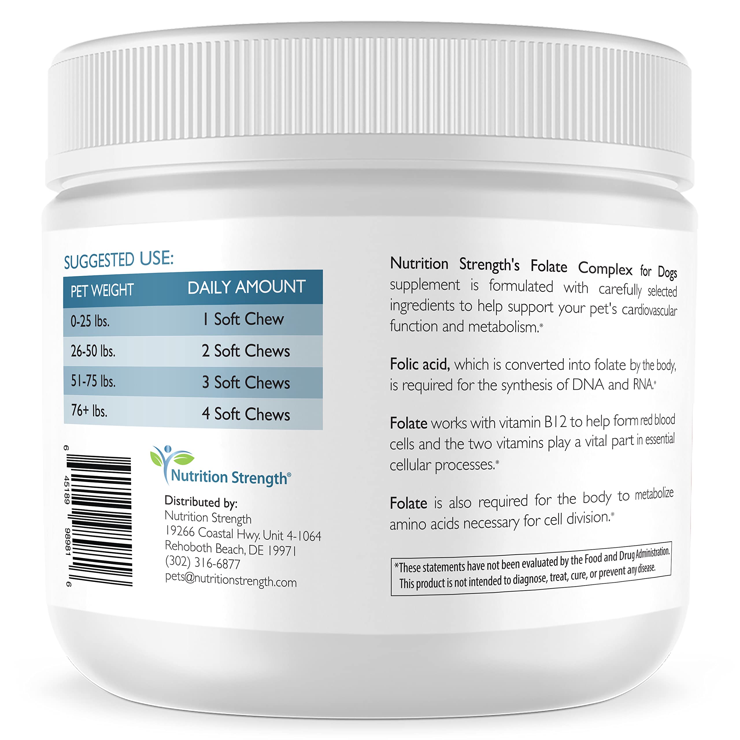 Nutrition Strength Folato para perros: etiqueta de ingredientes mostrando ácido fólico y vitamina B12.