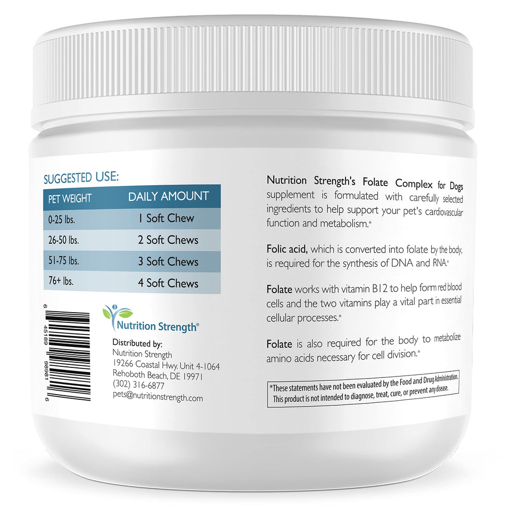 Nutrition Strength Folato para perros: etiqueta de ingredientes mostrando ácido fólico y vitamina B12.