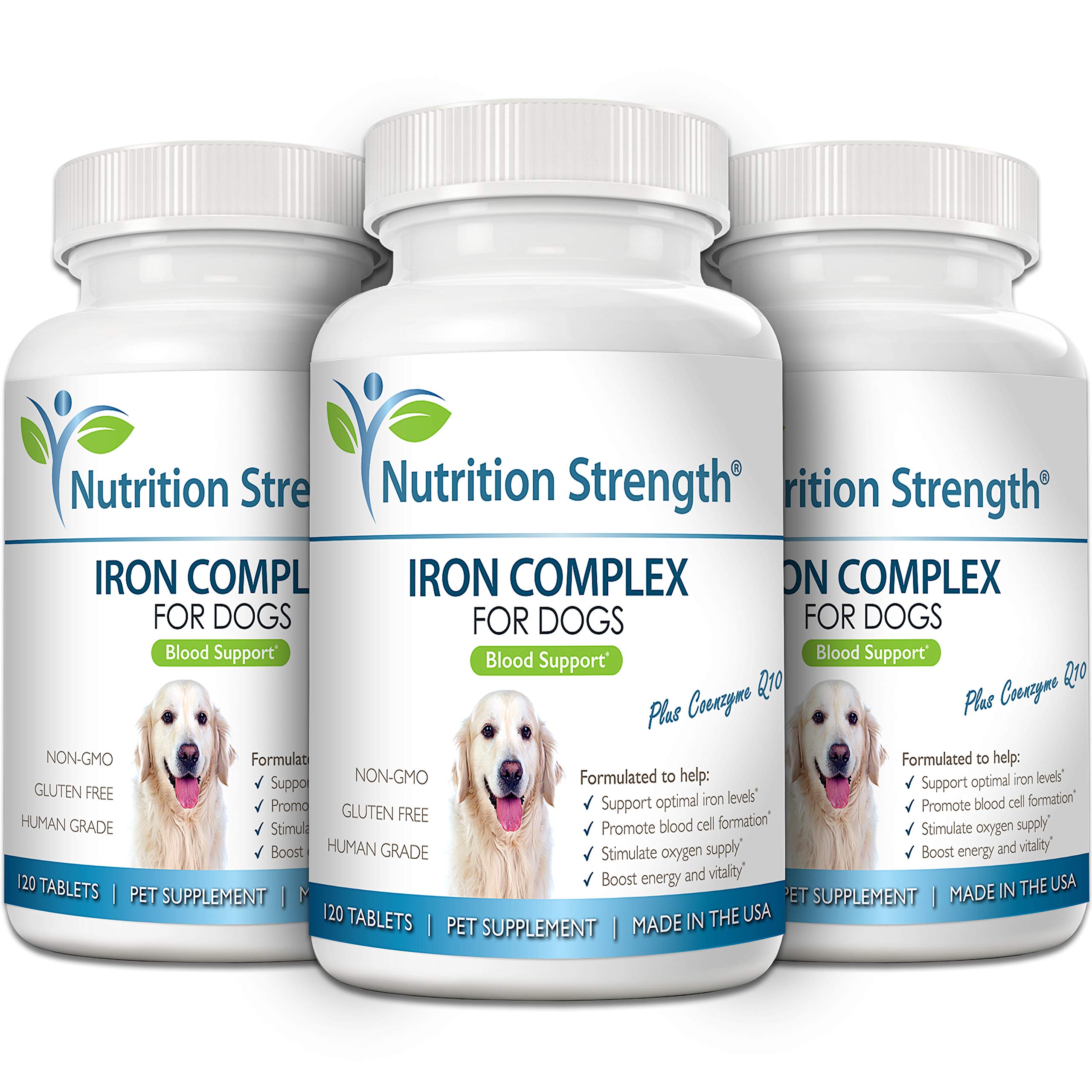 Nutrition Strength hierro para perros, tabletas masticables en primer plano, sabor agradable para perros.