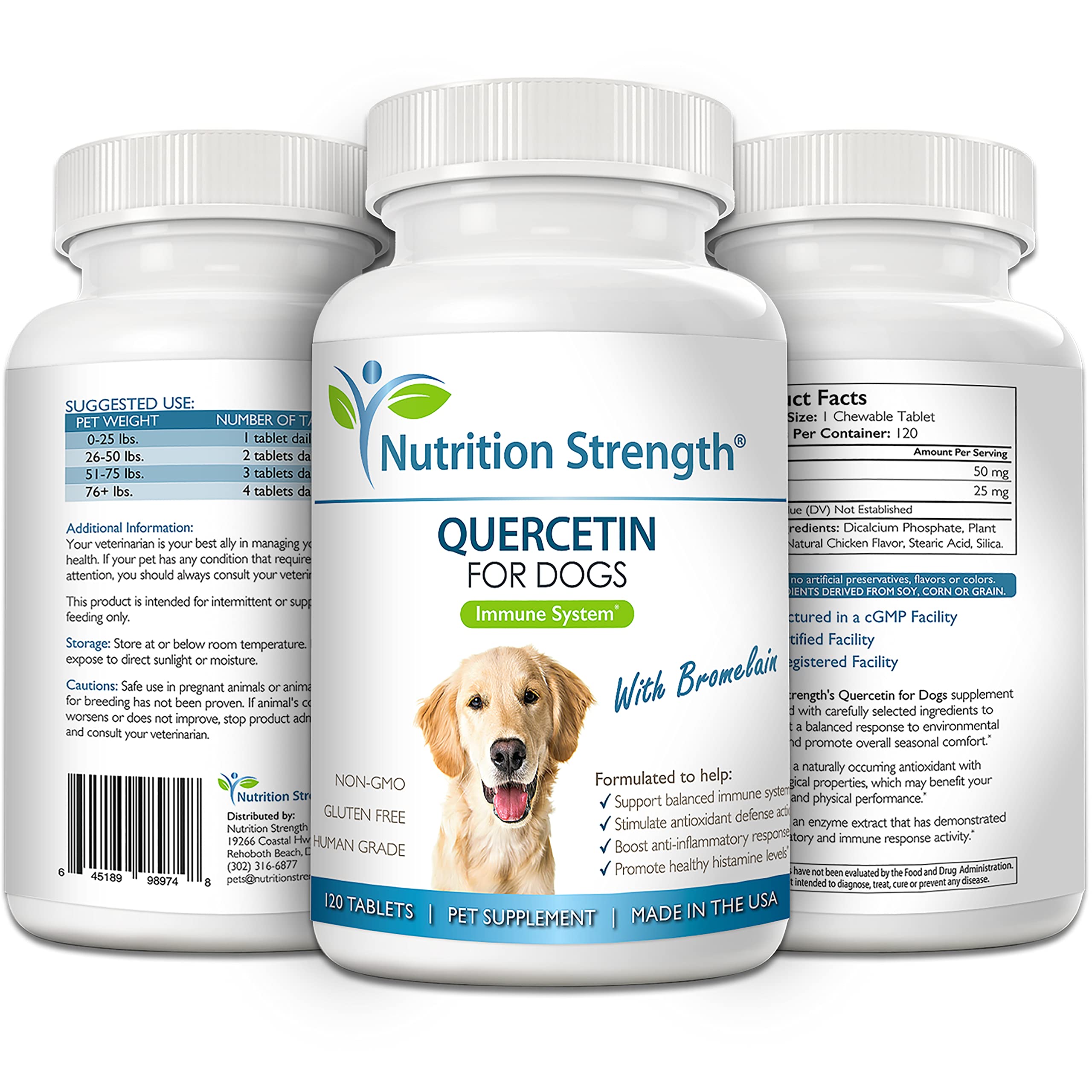 Etiqueta de Nutrition Strength Quercetina y Bromelina para perros, información de ingredientes.