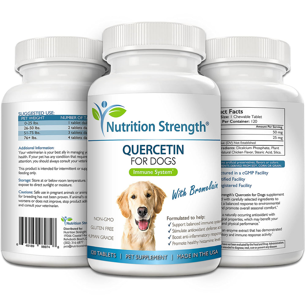 Etiqueta de Nutrition Strength Quercetina y Bromelina para perros, información de ingredientes.