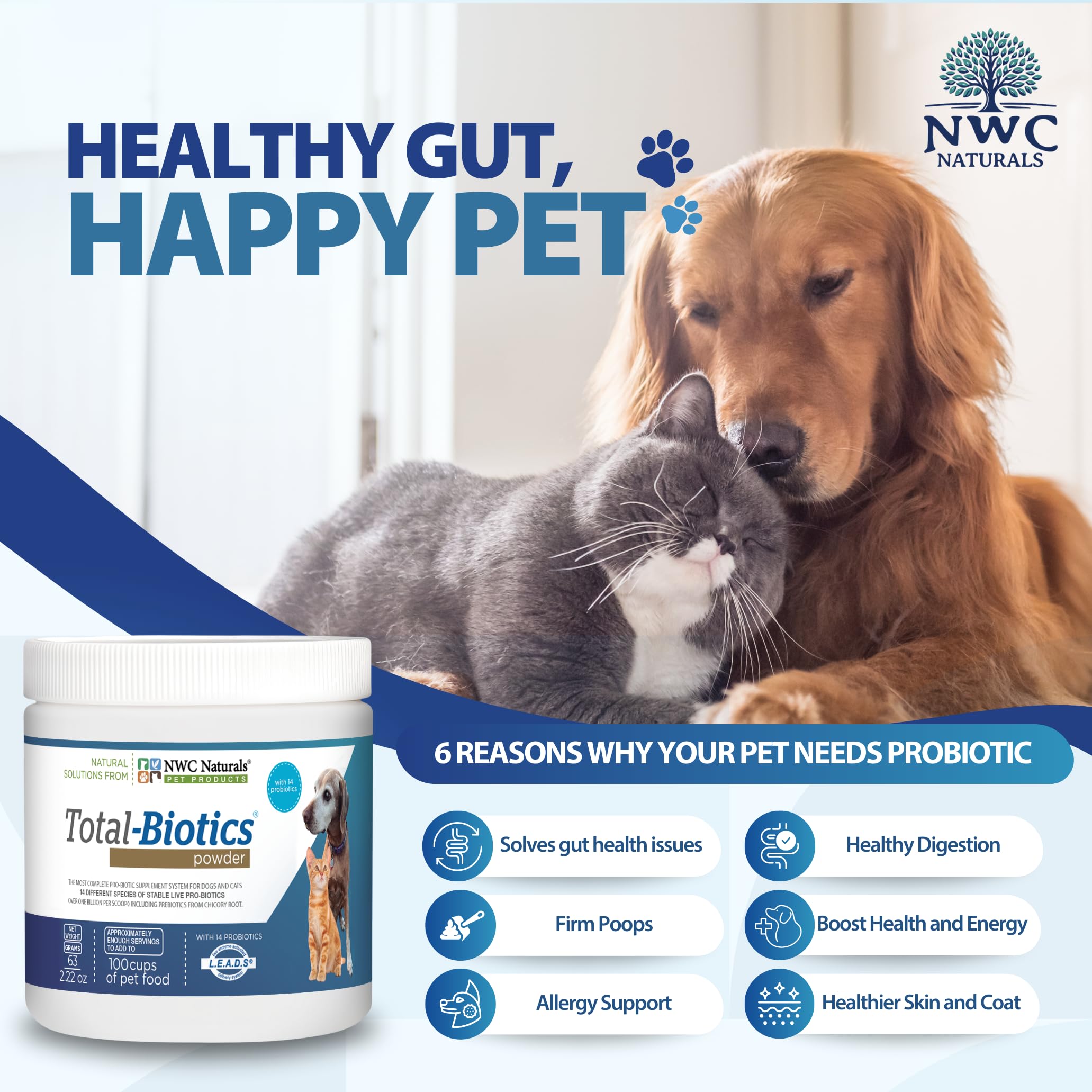 NWC Naturals Total-Biotics entrega probiótica con MGG Chelate para colonización intestinal.