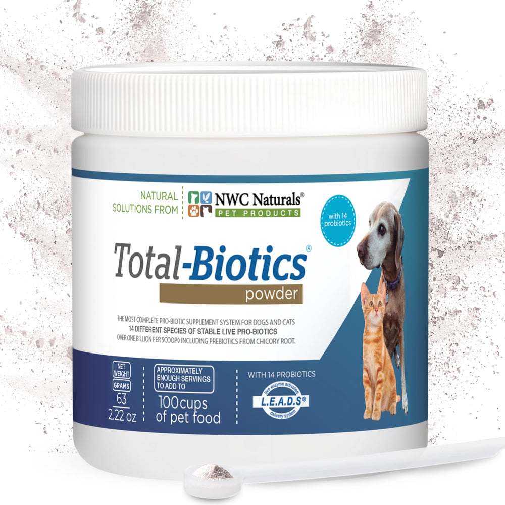 NWC Naturals Total-Biotics polvo probiótico para gatos y perros, apoyo digestivo.