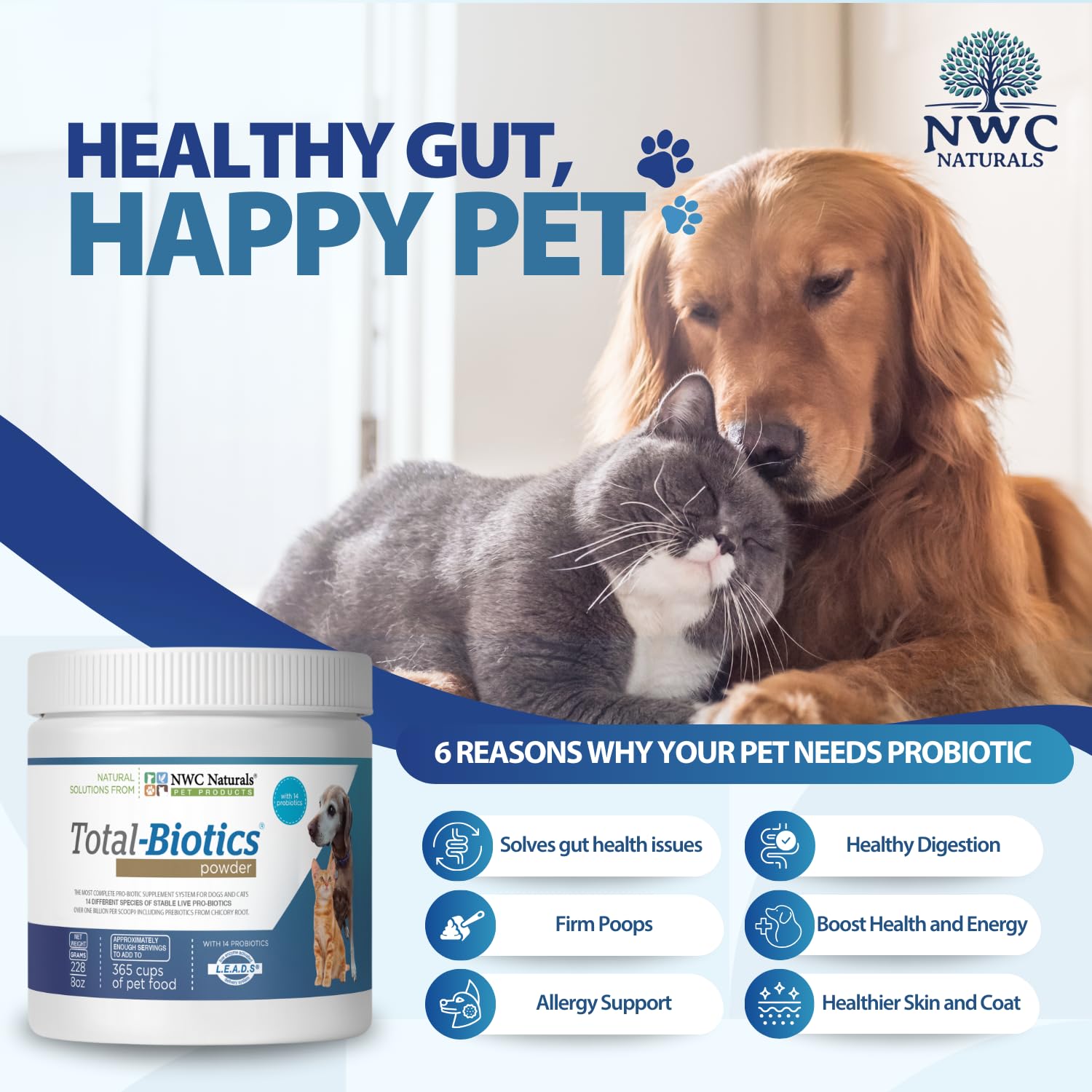 NWC Naturals Total-Biotics, bote de 8 oz, probiótico para mascotas