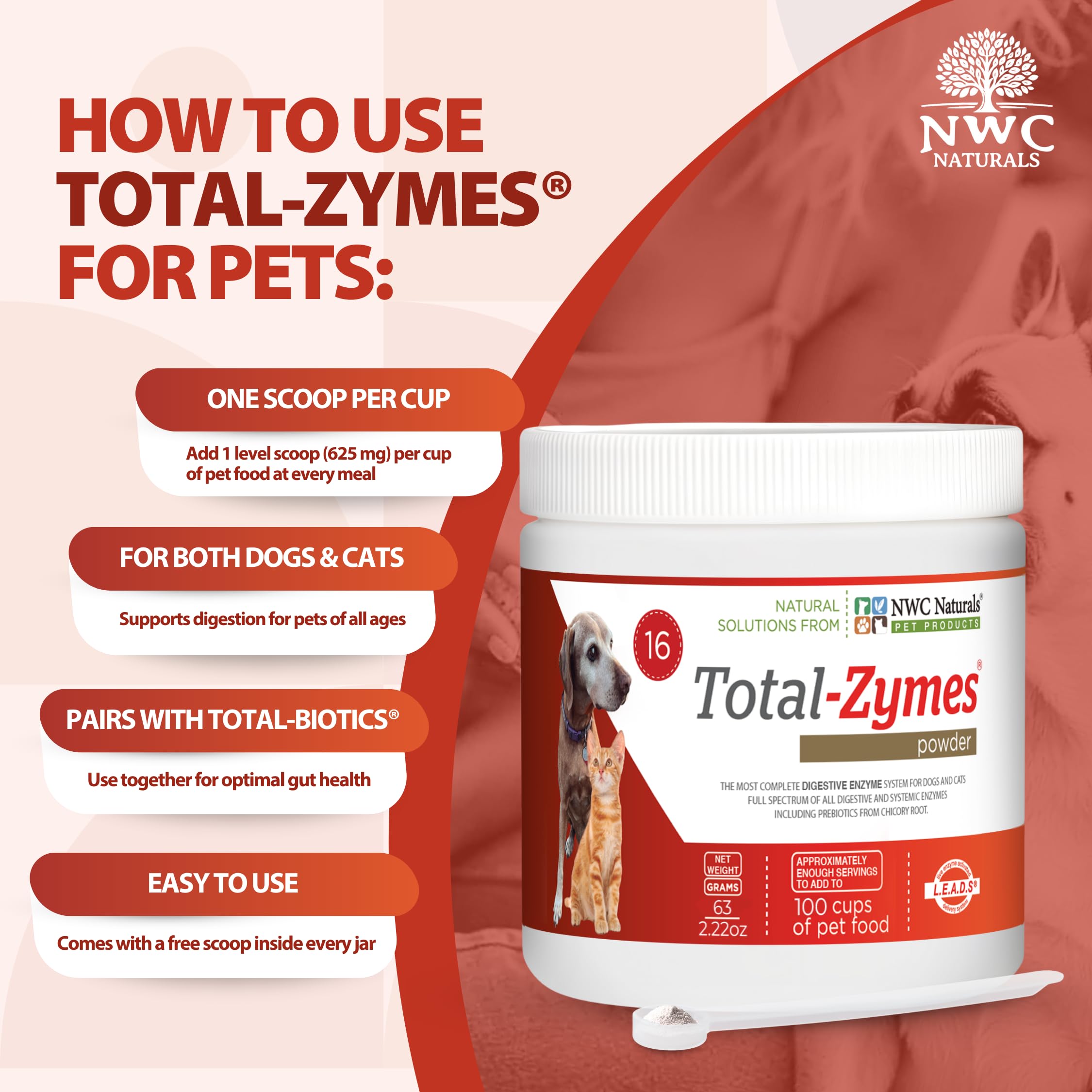 Total-Zymes con prebióticos para favorecer la microbiota intestinal.