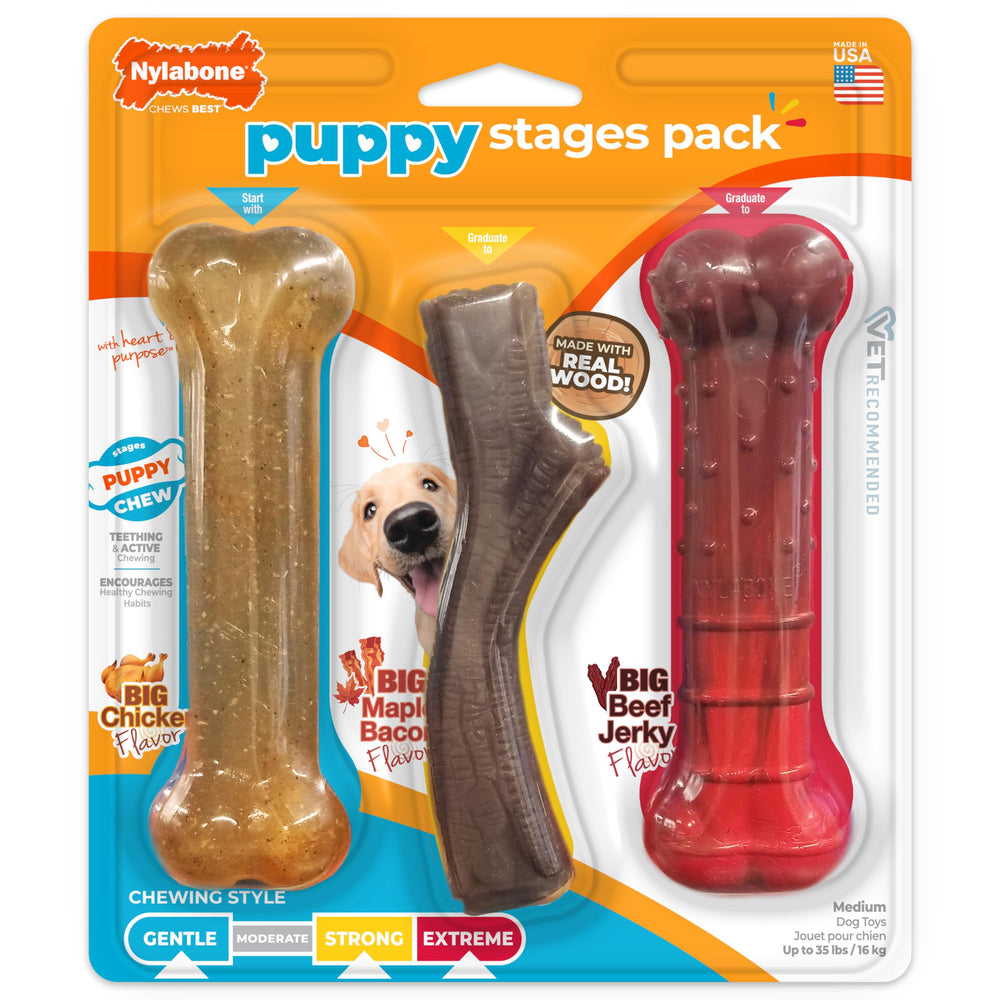 nylabone-paquete-etapas-cachorro-frente: muestra tres juguetes para morder y entrenar.