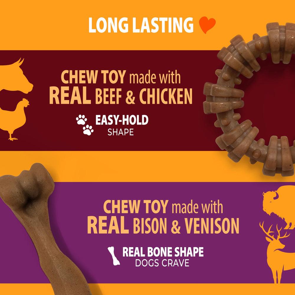 Nylabone Hueso Femur vista cercana, sabor bisonte y ciervo para masticar.