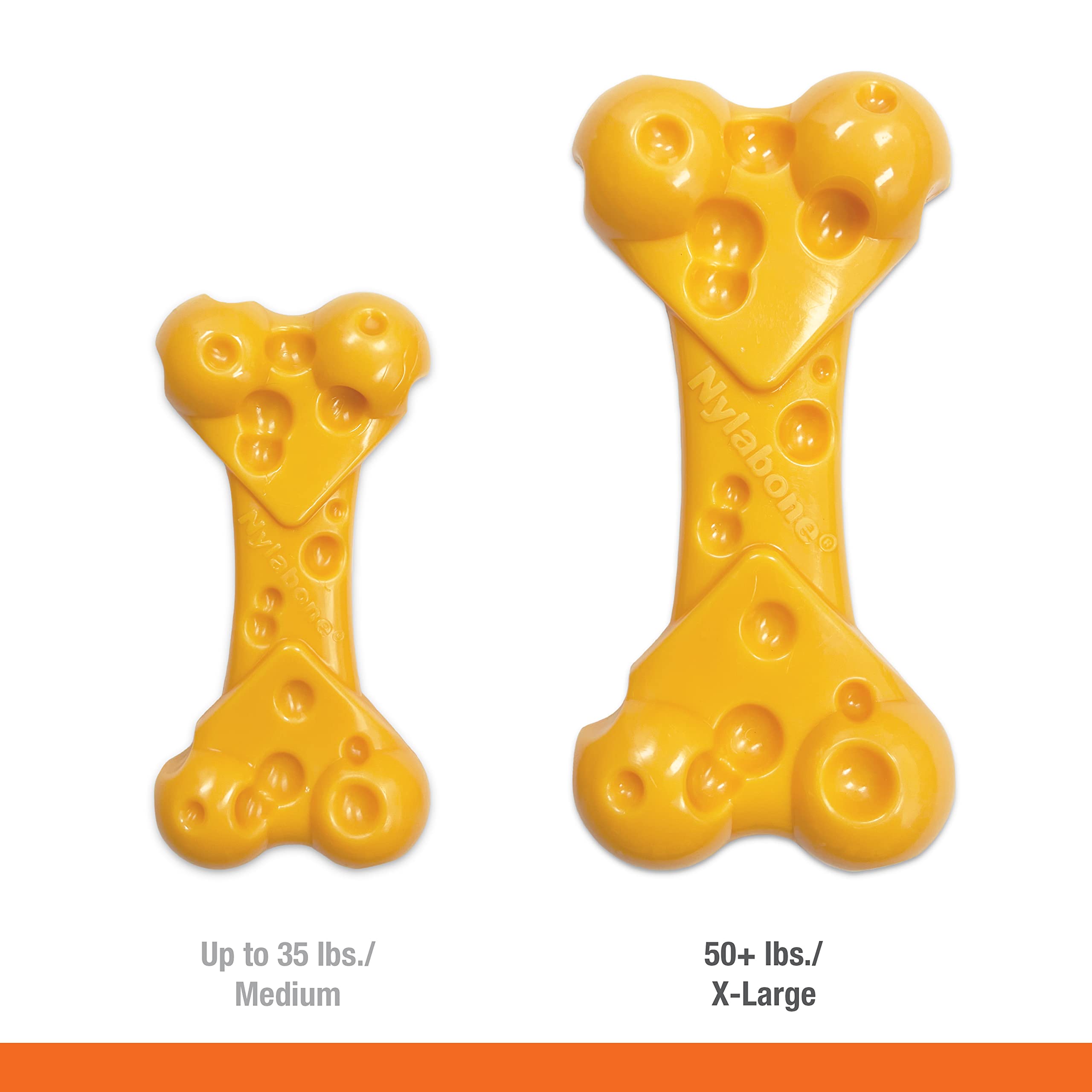 Nylabone Hueso Queso con textura que puede apoyar la limpieza dental al masticar.